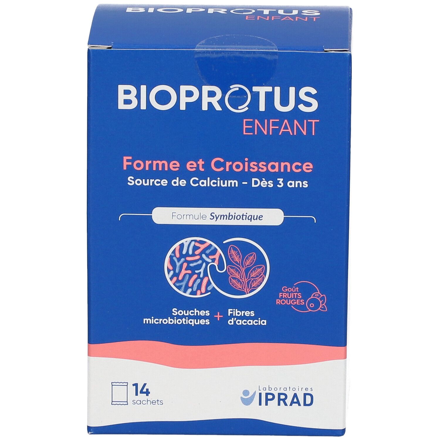 Boîte bleue BIOPROTUS ENFANT. Contient 14 sachets. Texte: Forme et Croissance, Source de Calcium - Dès 3 ans. Logo: Souches + Fibres d'acacia.