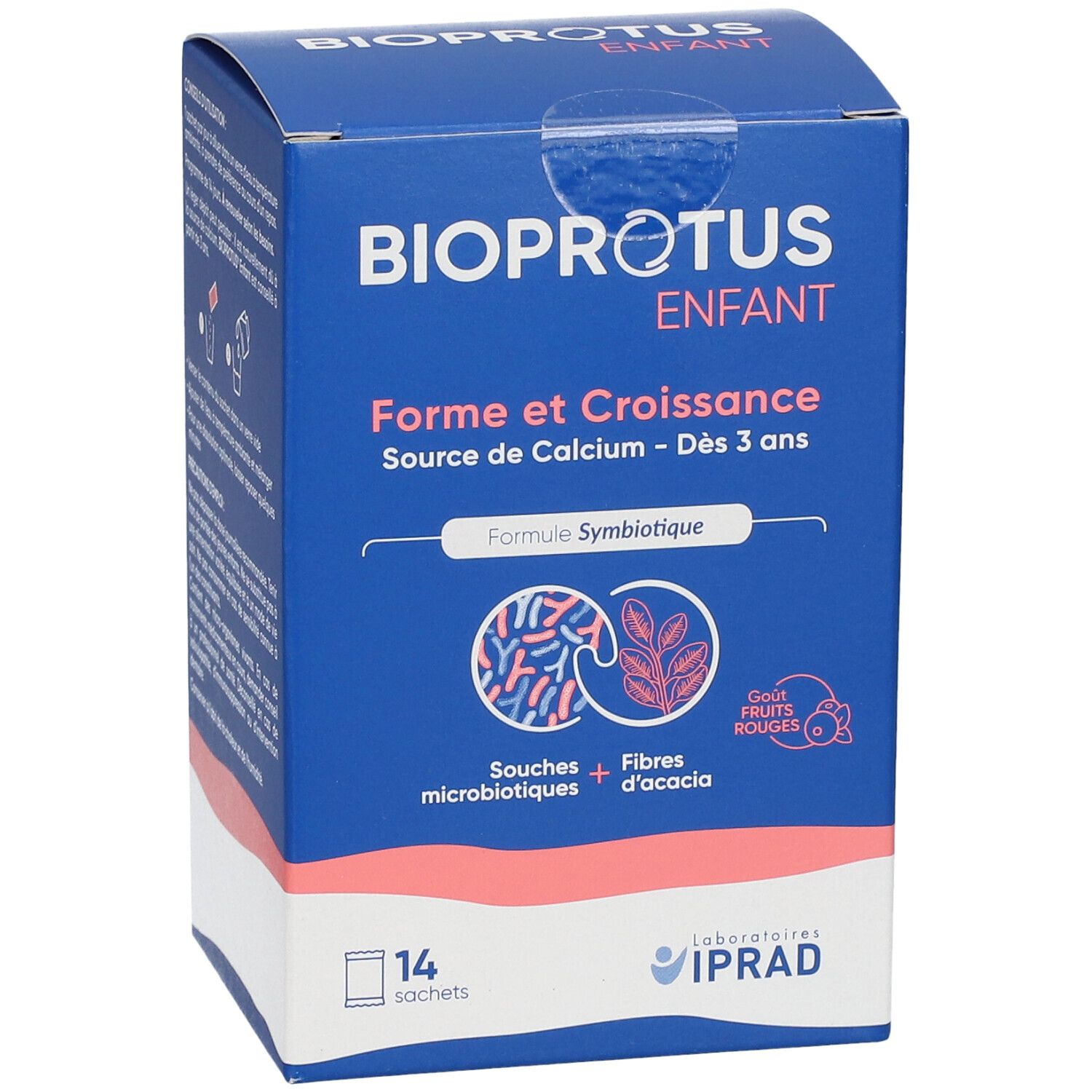 Boîte bleue BIOPROTUS ENFANT. Contient 14 sachets. Texte: Forme et Croissance, Source de Calcium - Dès 3 ans. Logo: Souches + Fibres d'acacia.