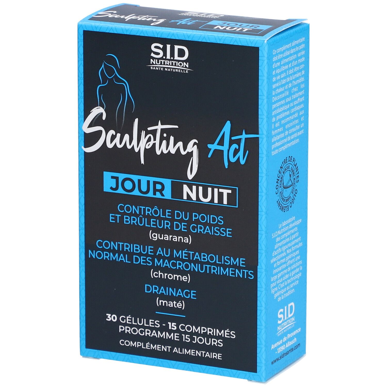 Boîte bleue et blanche Sculpting Act Jour Nuit. Contient 30 gélules et 15 comprimés. Marque : S.I.D Nutrition. Complément alimentaire.