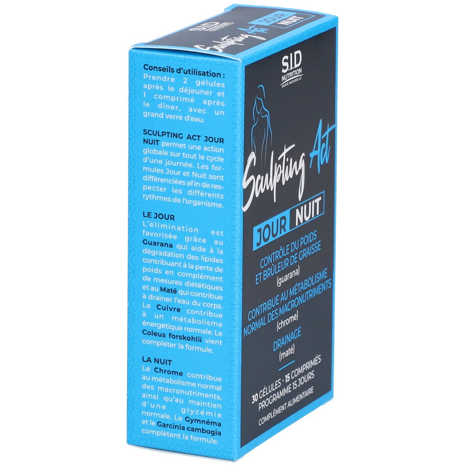 Boîte bleue avec Sculpting Act Jour Nuit. Contient des informations sur l'utilisation et les ingrédients. Marque : S.I.D Nutrition.