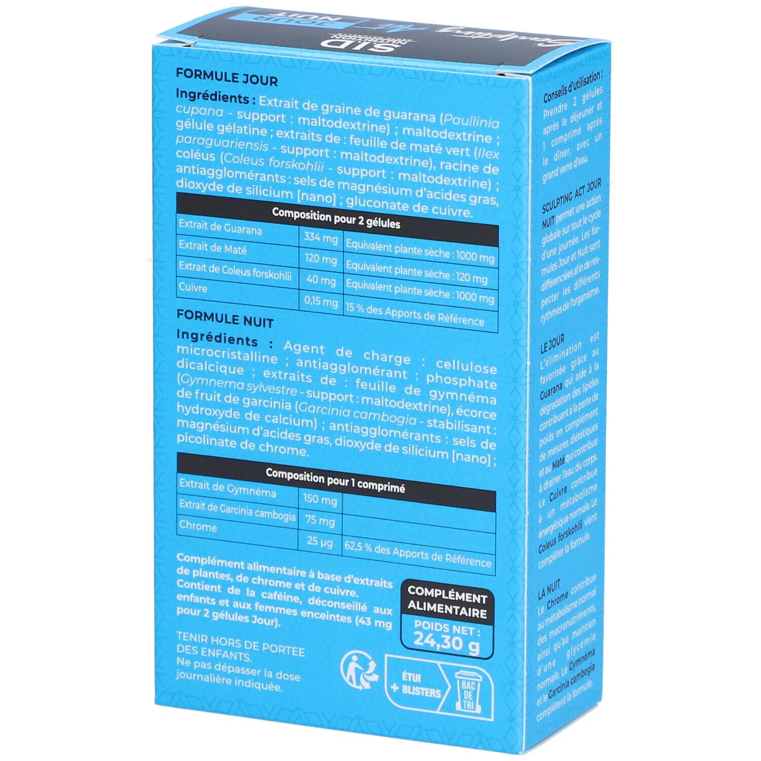 Boîte bleue avec informations sur les ingrédients de Sculpting Act Jour Nuit. Poids net : 24,30 g. Complément alimentaire.