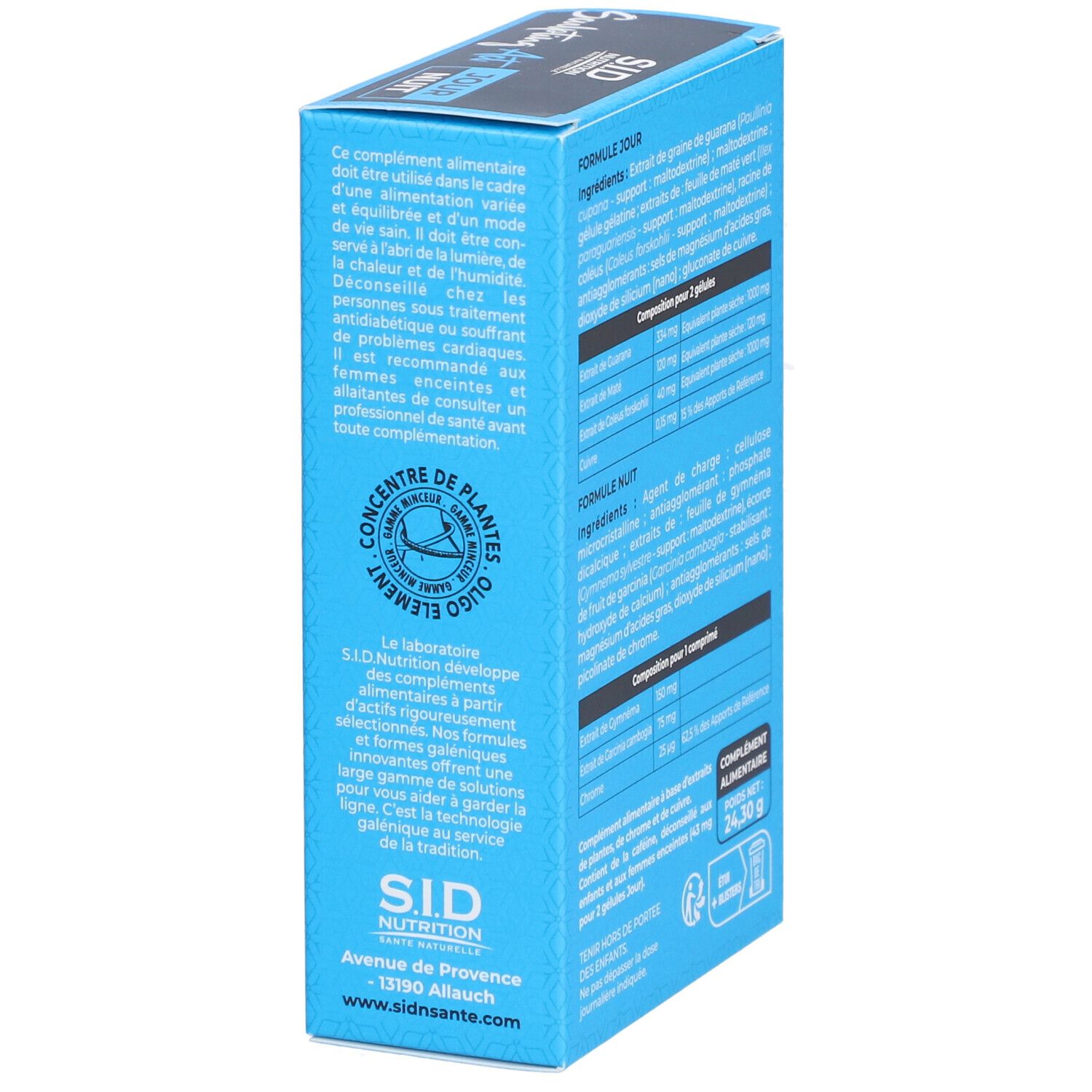 Boîte bleue avec informations sur Sculpting Act Jour Nuit. Informations sur le produit et la marque S.I.D Nutrition.
