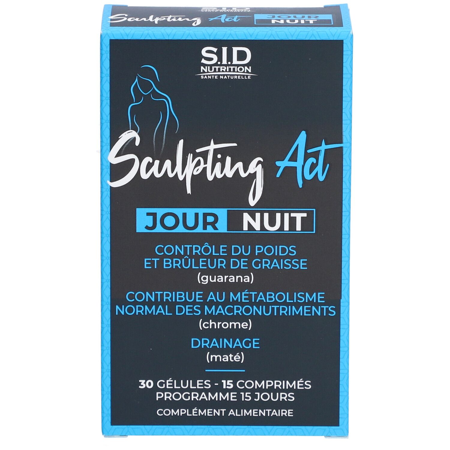 Boîte noire avec Sculpting Act Jour Nuit. Contient 30 gélules et 15 comprimés. Marque : S.I.D Nutrition. Complément alimentaire.