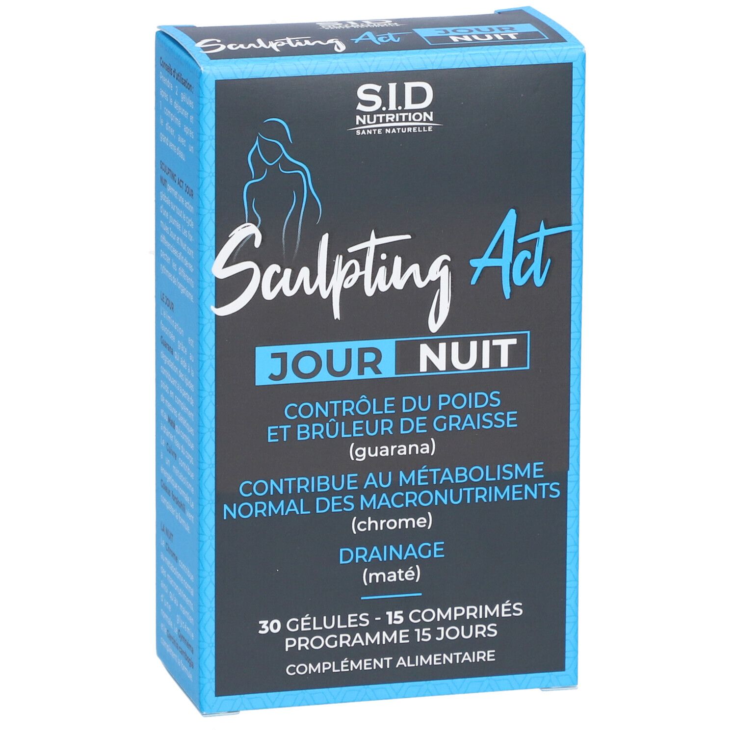 Boîte bleue avec Sculpting Act Jour Nuit. Contient 30 gélules et 15 comprimés. Marque : S.I.D Nutrition. Complément alimentaire.