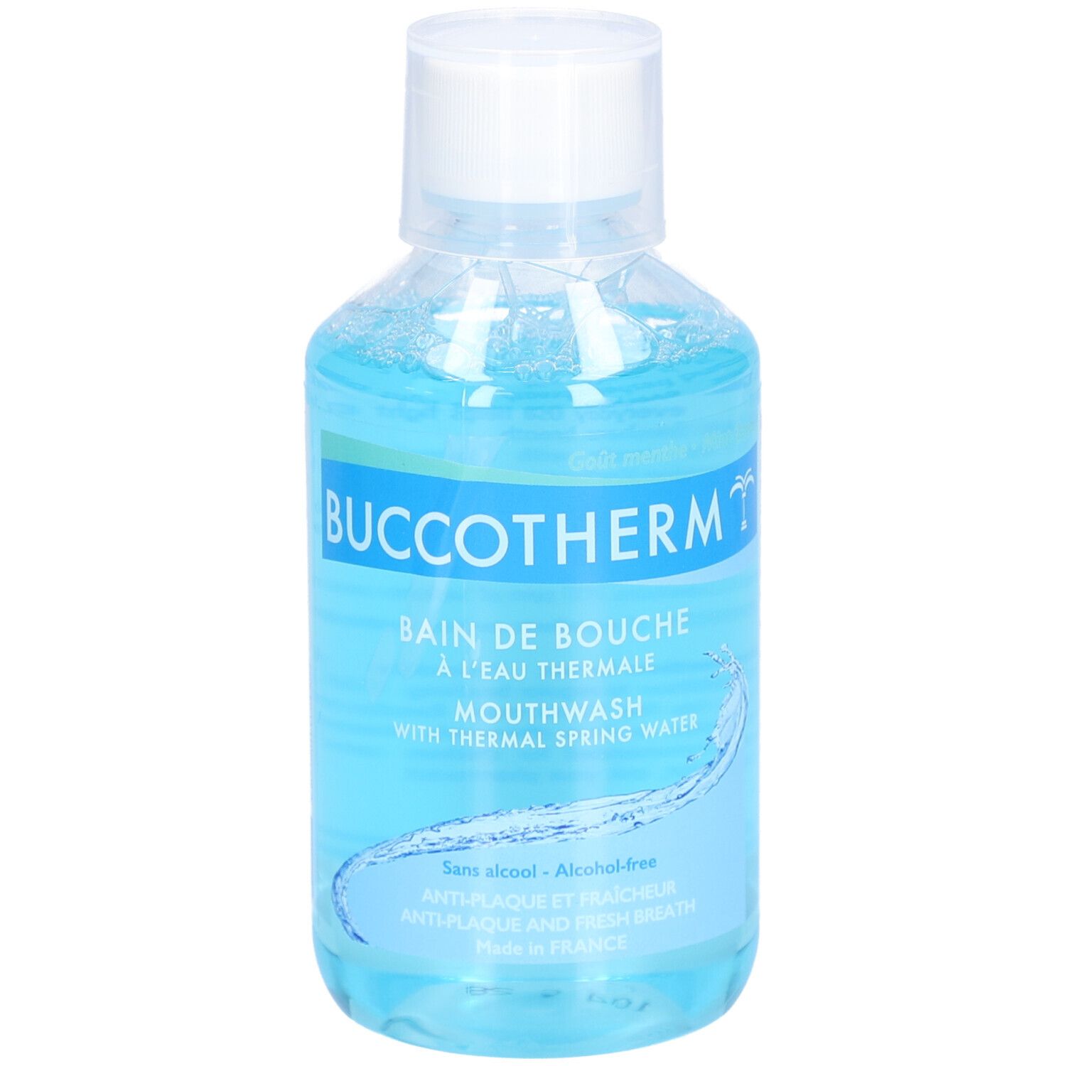 Blauwe mondspoelfles met witte dop. Opschrift: Buccotherm, Bain de Bouche, Mouthwash. Zonder alcohol.