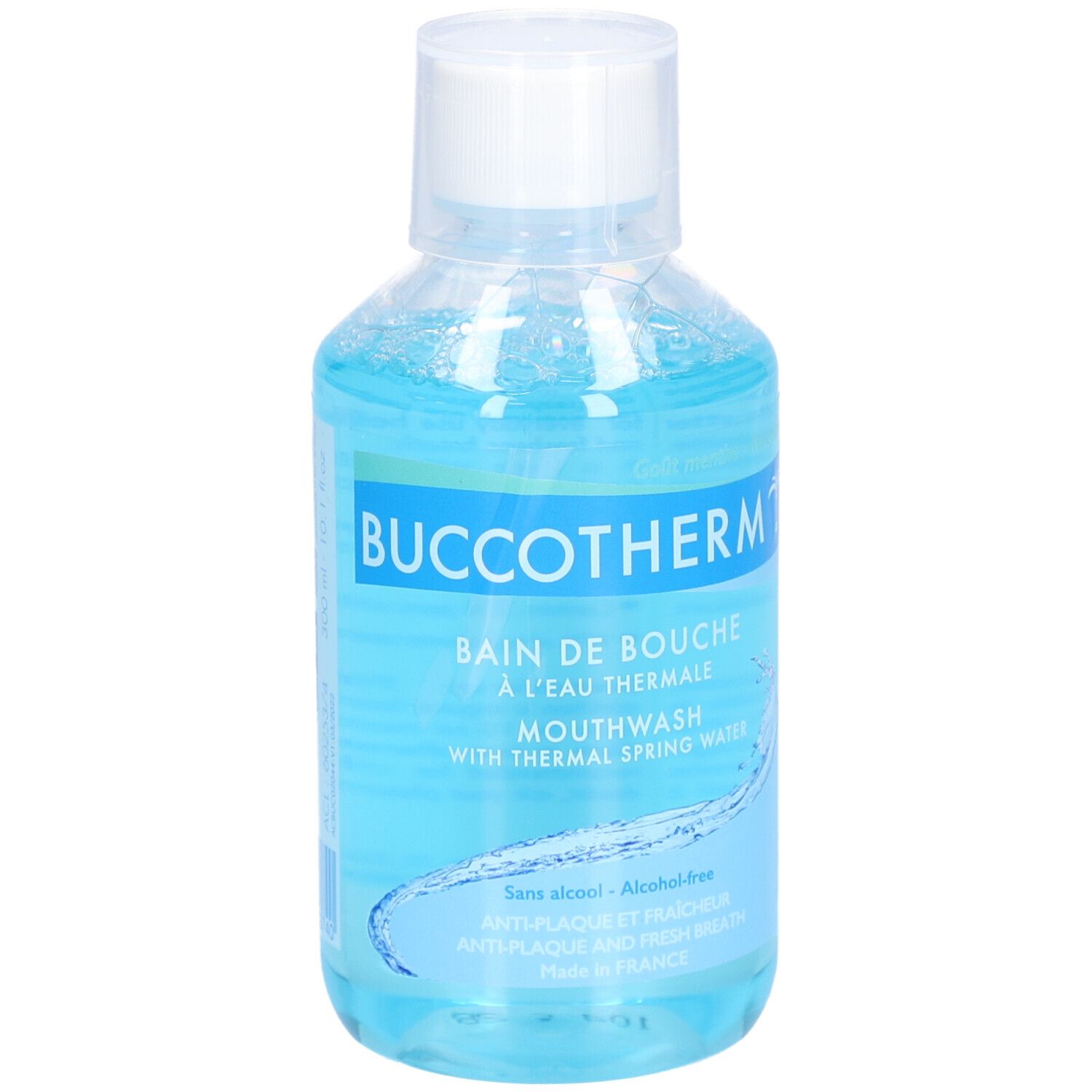 Blauwe mondspoelfles met witte dop. Opschrift: Buccotherm, Bain de Bouche, Mouthwash. Zonder alcohol.