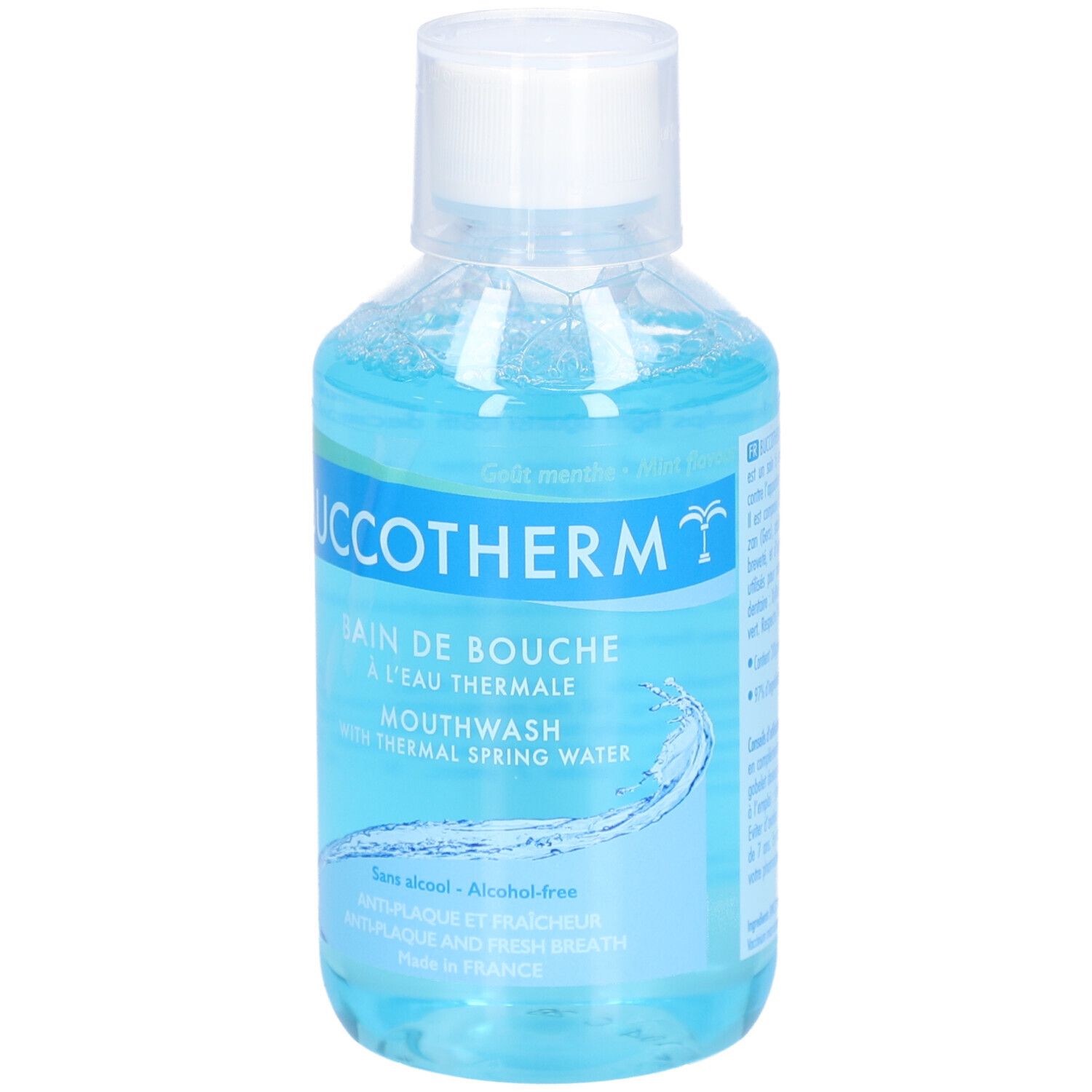 Blauwe mondspoelfles met witte dop. Opschrift: Buccotherm, Bain de Bouche, Mouthwash. Zonder alcohol.