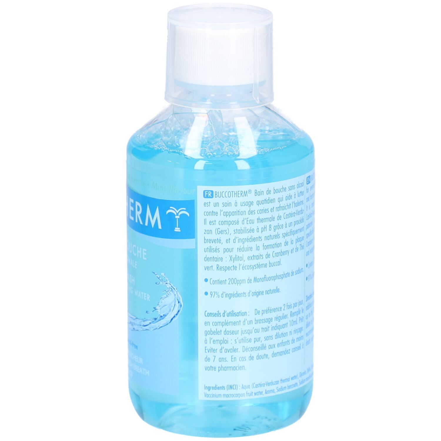 Achterkant van de blauwe mondspoelfles. Tekstinformatie, ingrediënten en gebruiksaanwijzing. Merk: Buccotherm.