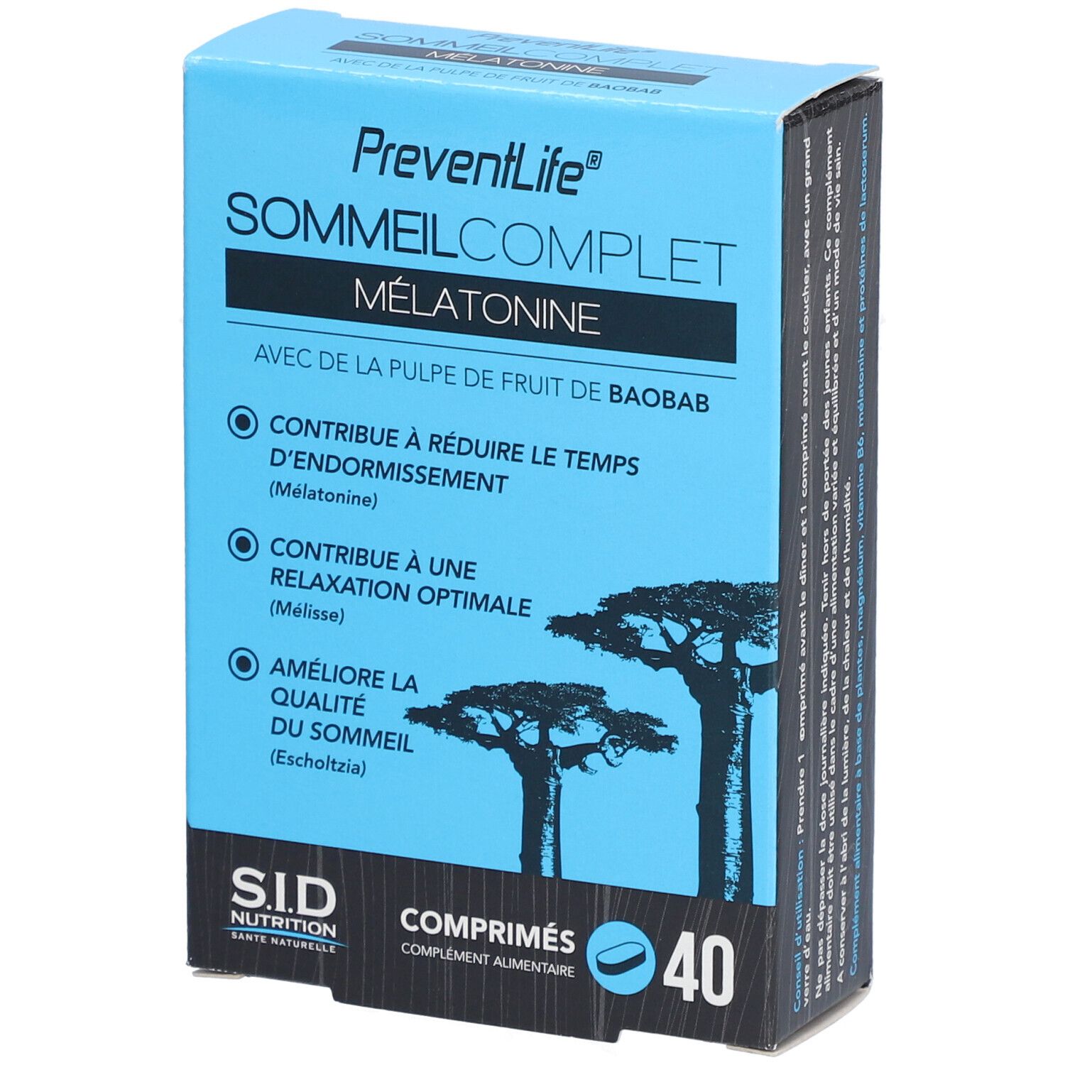 Boîte bleue et blanche PREVENTLIFE SOMMEIL COMPLET MÉLATONINE. Contient 40 comprimés. Avec pulpe de fruit de baobab.
