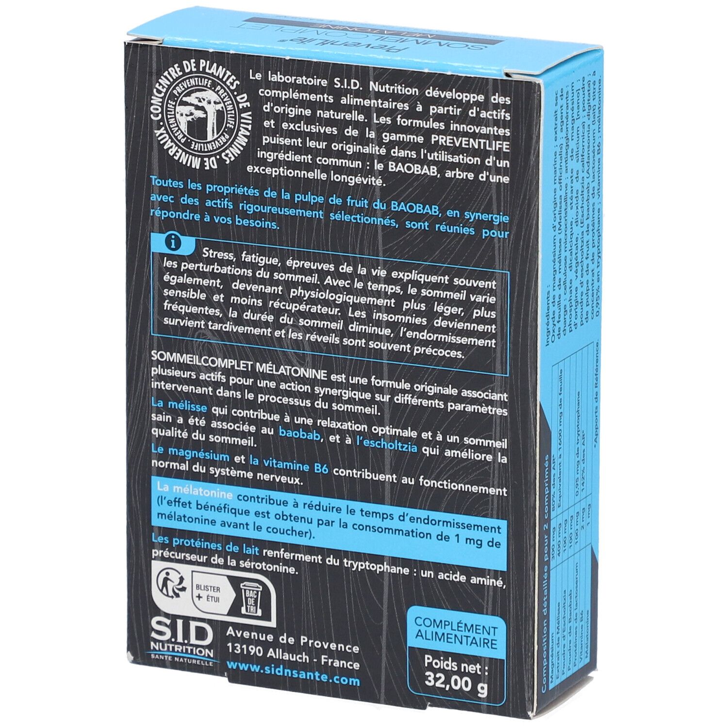 Dos de la boîte bleue PREVENTLIFE SOMMEIL COMPLET MÉLATONINE. Informations sur l'utilisation et les ingrédients.