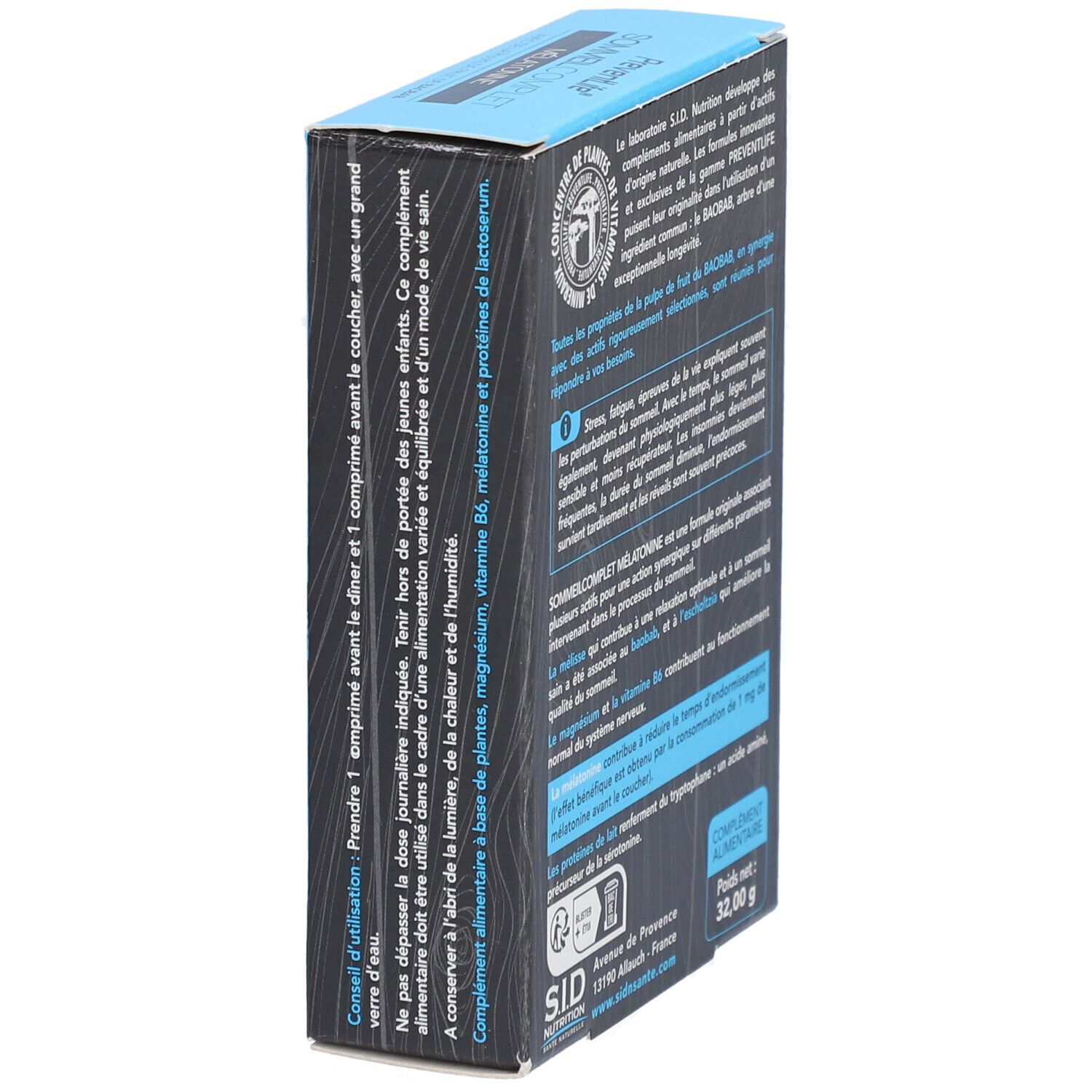 Boîte bleue PREVENTLIFE SOMMEIL COMPLET MÉLATONINE. Informations d'utilisation et ingrédients. Poids net : 32,00 g.