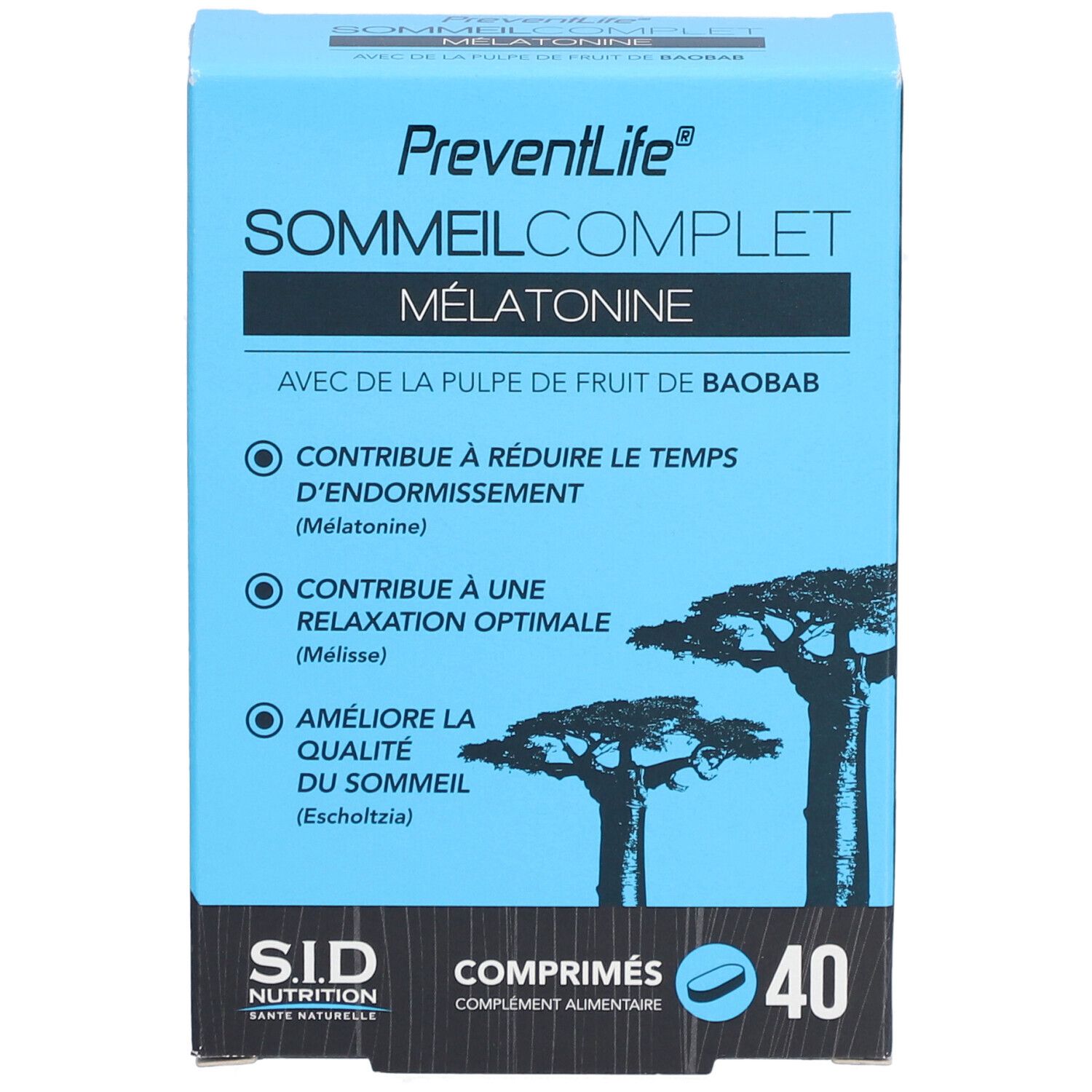Boîte bleue PREVENTLIFE SOMMEIL COMPLET MÉLATONINE. Contient 40 comprimés. Avec pulpe de baobab. Marque SID Nutrition.