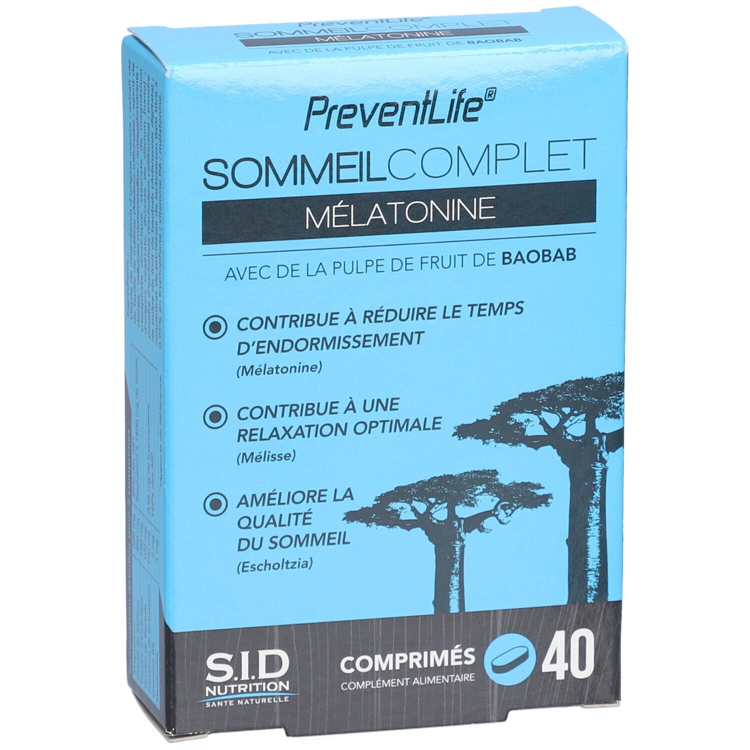 Boîte bleue PREVENTLIFE SOMMEIL COMPLET MÉLATONINE. Contient 40 comprimés. Avec pulpe de baobab. Marque SID Nutrition.