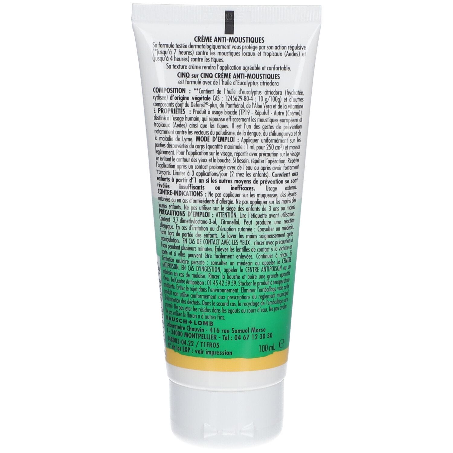 Dos d'un tube de crème. Informations textuelles multilingues. Couleurs verte et blanche. 100ml.