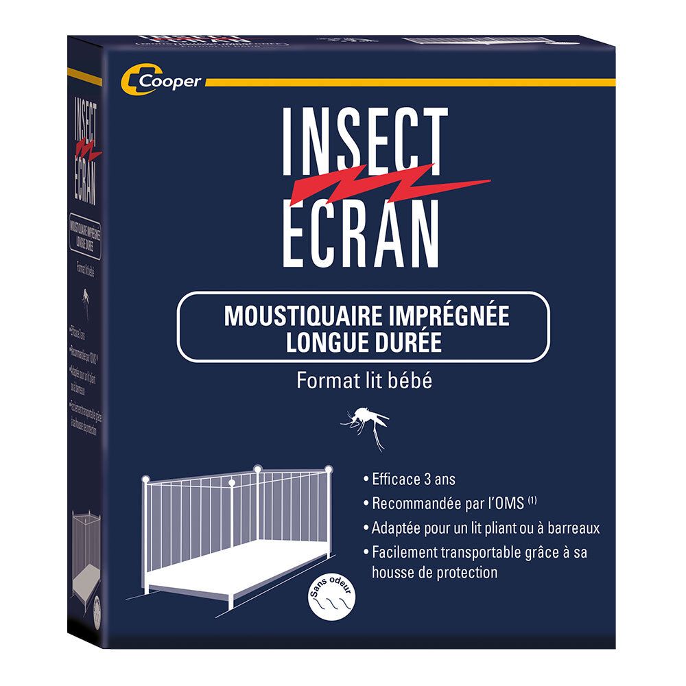 Verpackung INSECT ECRAN Moskitonetz Baby. Blaue Schachtel mit Produktname und Abbildung eines Babybetts. Empfohlen von der WHO.
