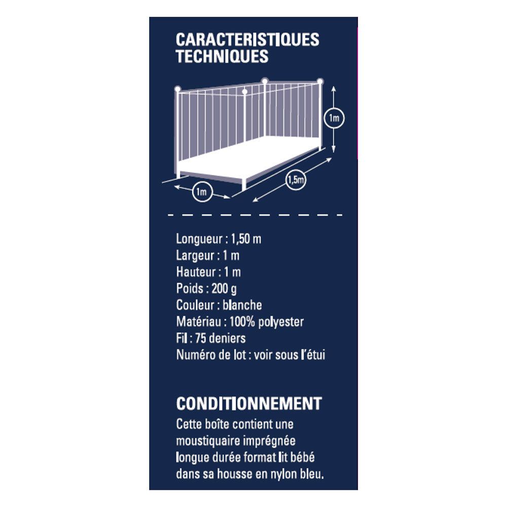 Detail der Verpackung INSECT ECRAN. Technische Daten: Länge 1,50 m, Breite 1 m, Höhe 1 m, Gewicht 200 g, Farbe weiß, Material Polyester.