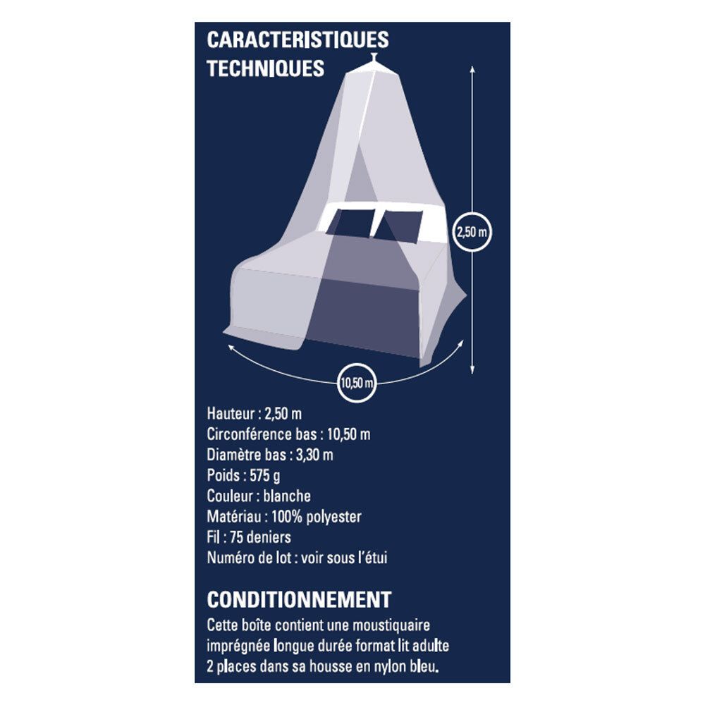 Caractéristiques techniques sur fond bleu. Hauteur 2,50 m, circonférence 10,50 m, diamètre 3,30 m. Matière: 100% polyester. Contient un filet.