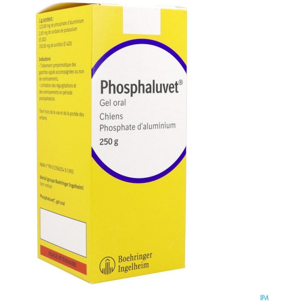 Boîte jaune avec nom du produit et informations. Cercles bleus. Logo Boehringer Ingelheim.
