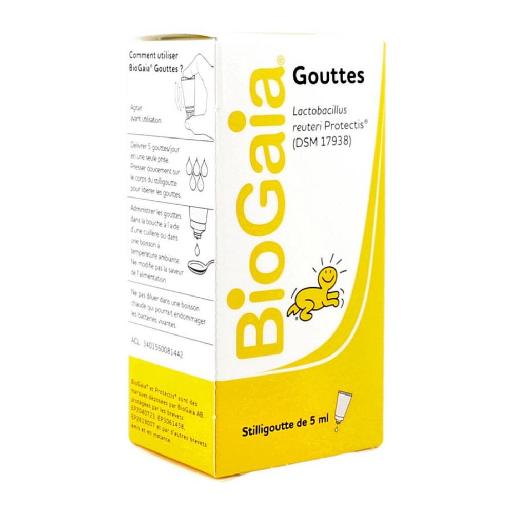 BioGaia-Tropfen-Verpackung. Gelb-weiße Schachtel mit Produktnamen und Baby-Illustration. Enthält Lactobacillus reuteri Protectis.