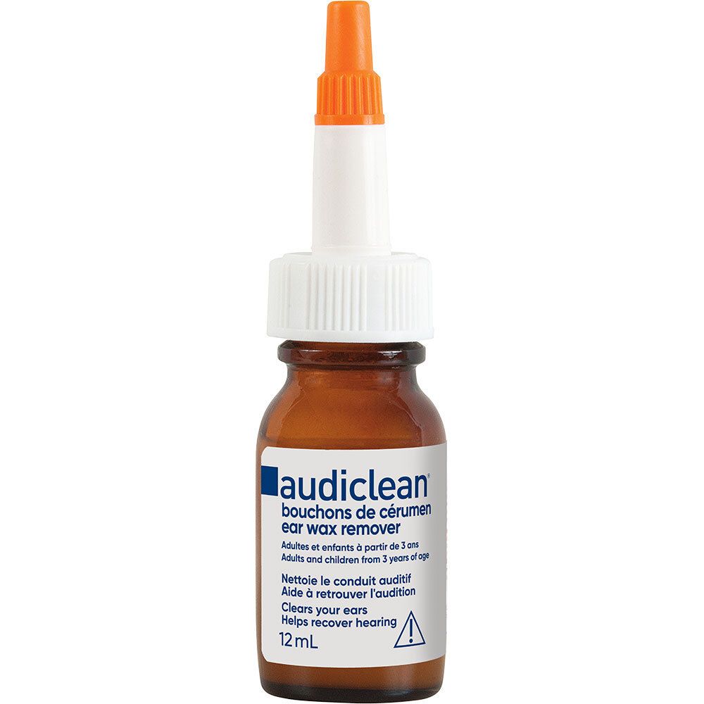 Flacon marron avec embout orange. Inscription: audiclean, Bouchons de cérumen, 12 ml. Avertissement.