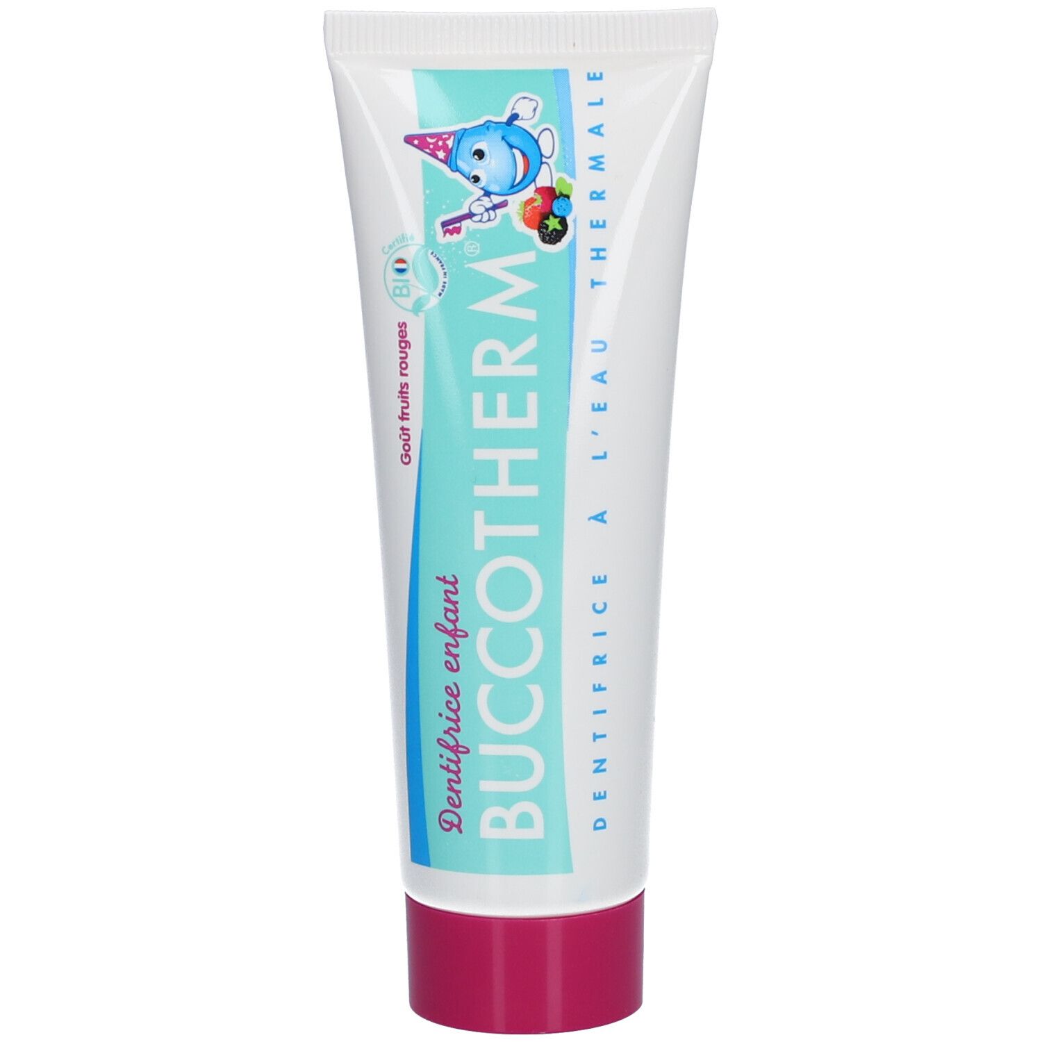 Zahncreme-Tube mit roter Kappe. Aufschrift: BUCCOTHERM, Dentifrice enfant, à l'eau thermale. Bio-Siegel.