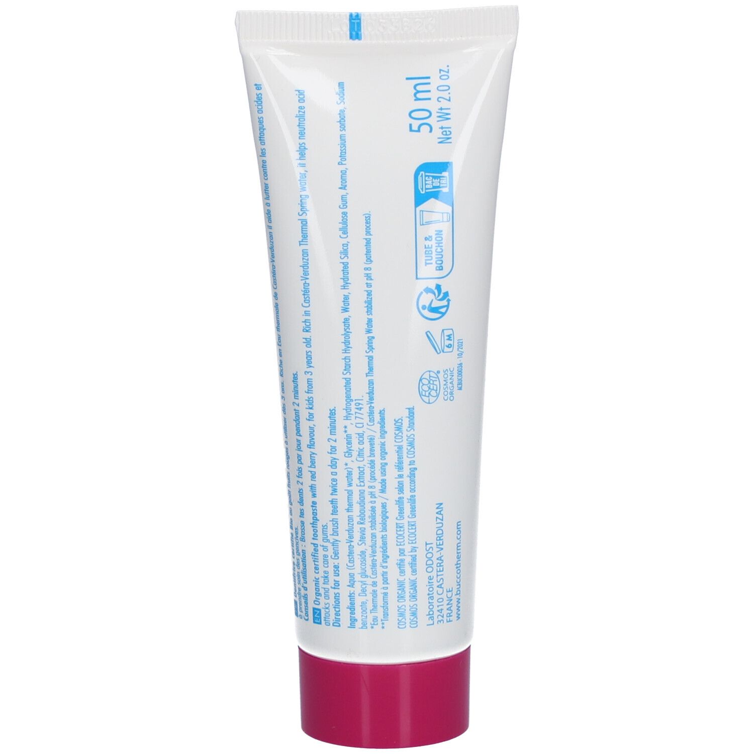 Rückseite der Zahncreme-Tube. Enthält Informationen und Logos. Rote Kappe.
