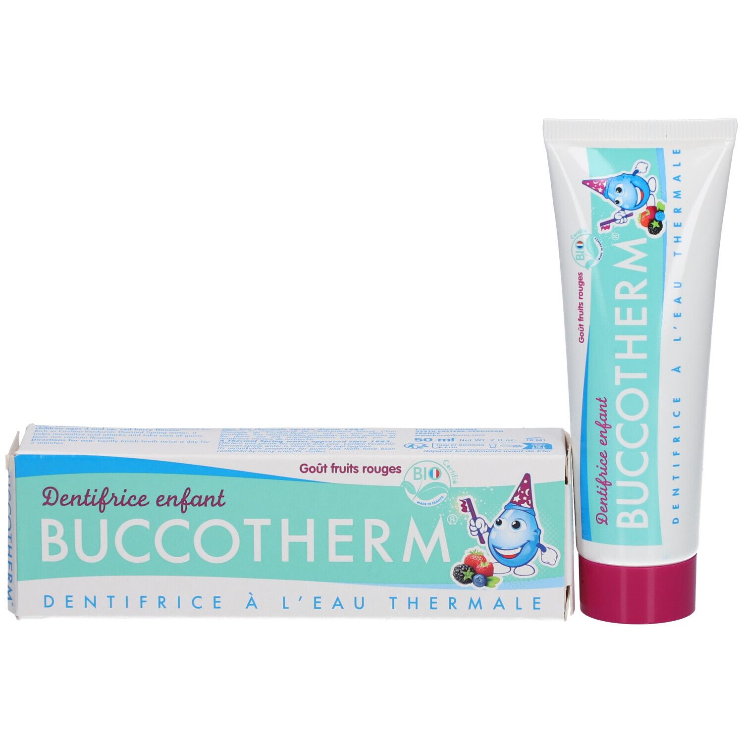 Zahncreme-Tube und Schachtel. Aufschrift: BUCCOTHERM, Dentifrice enfant, à l'eau thermale. Bio-Siegel.