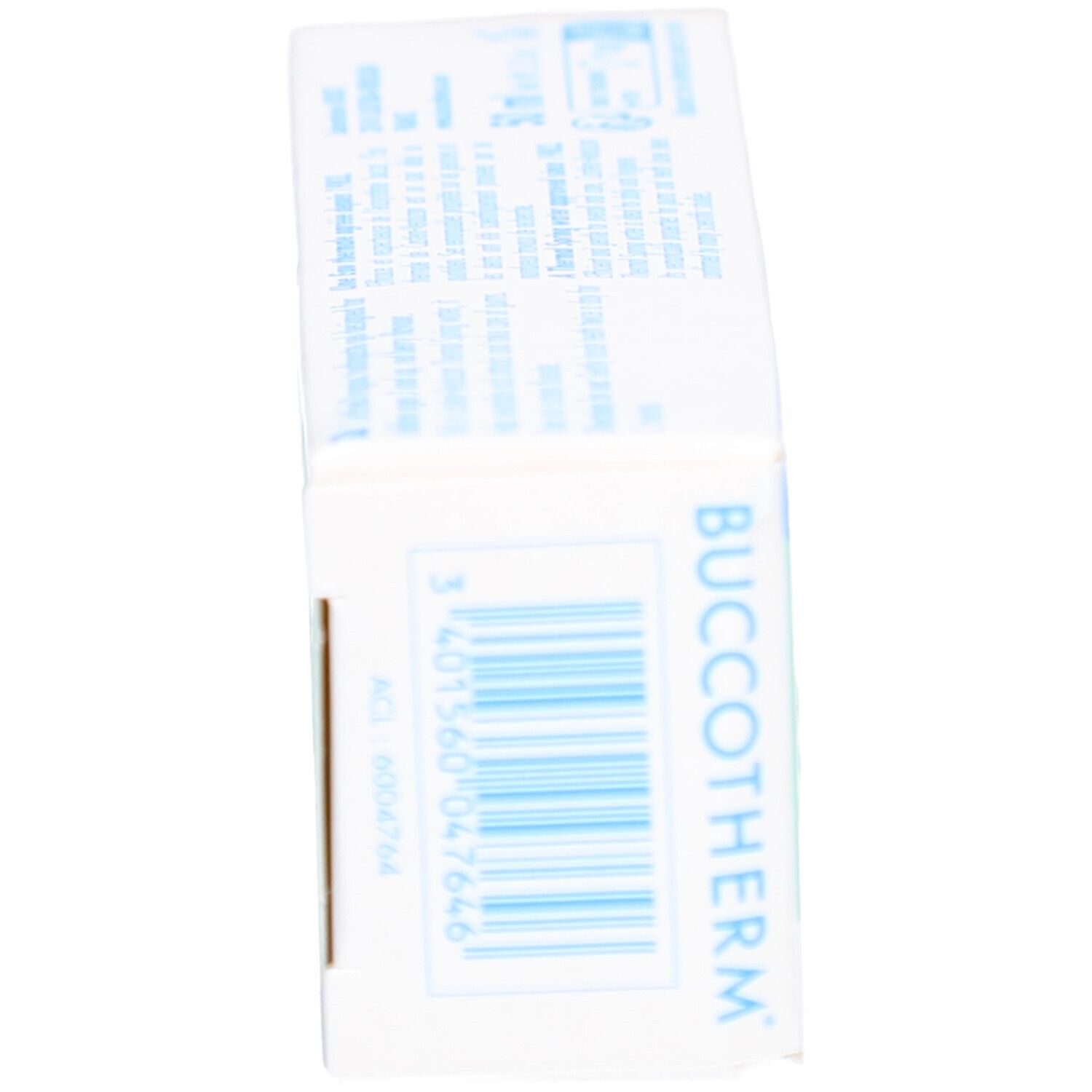 Seitenansicht der Zahncreme-Schachtel. Barcode und Aufschrift: BUCCOTHERM.