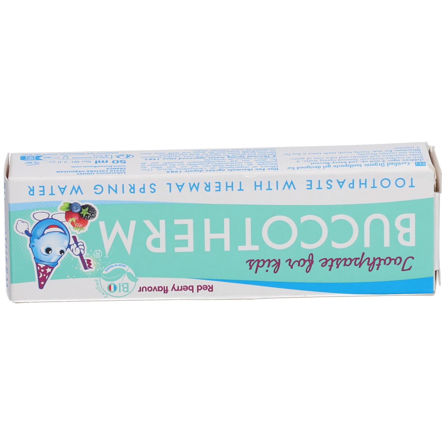 Zahncreme-Schachtel. Aufschrift: BUCCOTHERM, Toothpaste for kids, with thermal spring water. Bio-Siegel.
