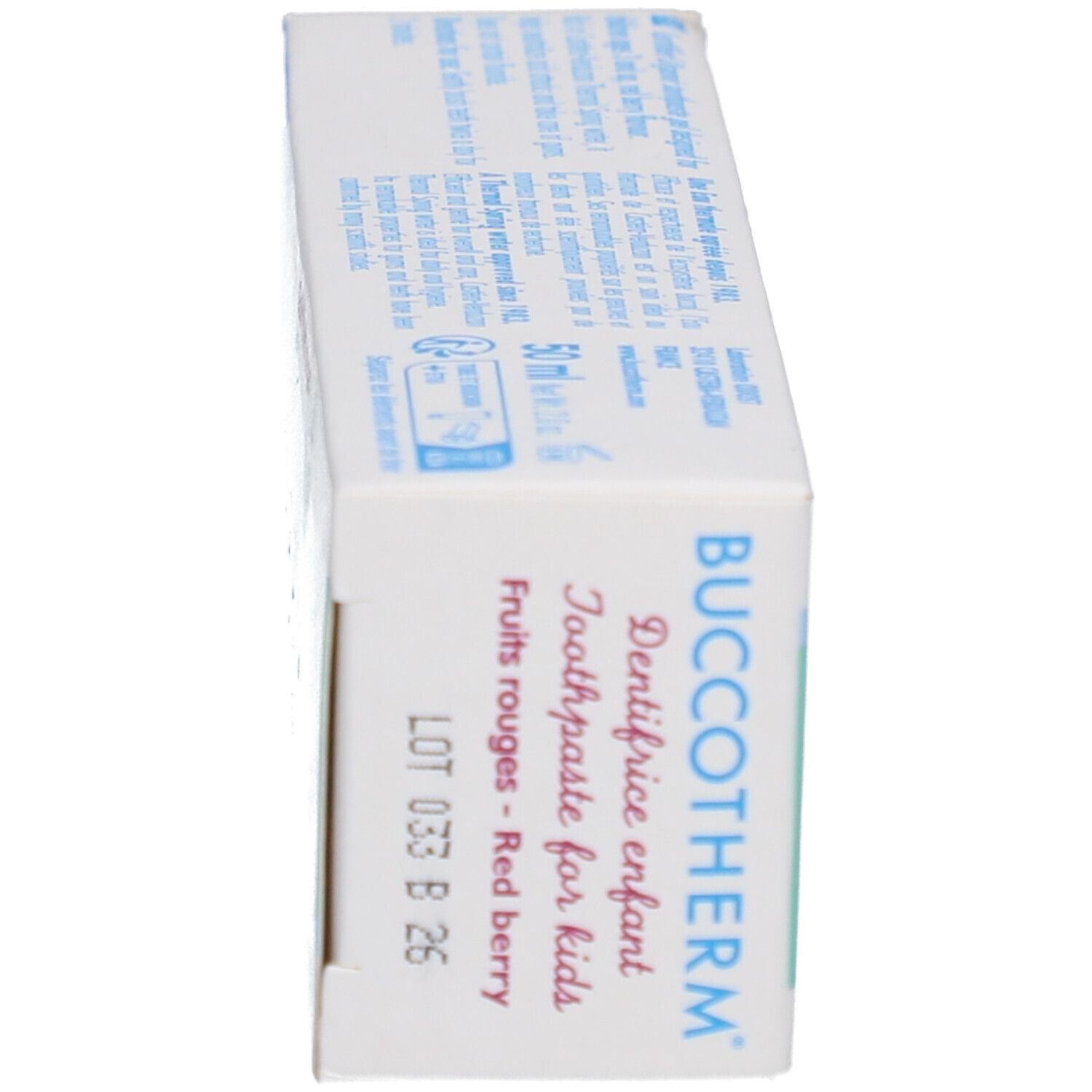 Seitenansicht der Zahncreme-Schachtel. Aufschrift: BUCCOTHERM, Dentifrice enfant, Toothpaste for kids.