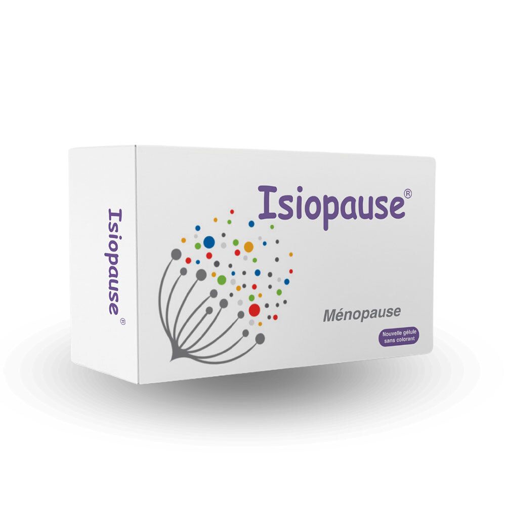 Boîte blanche 'Isiopause' et 'Ménopause'. Design floral coloré. Texte en français. Forme rectangulaire.