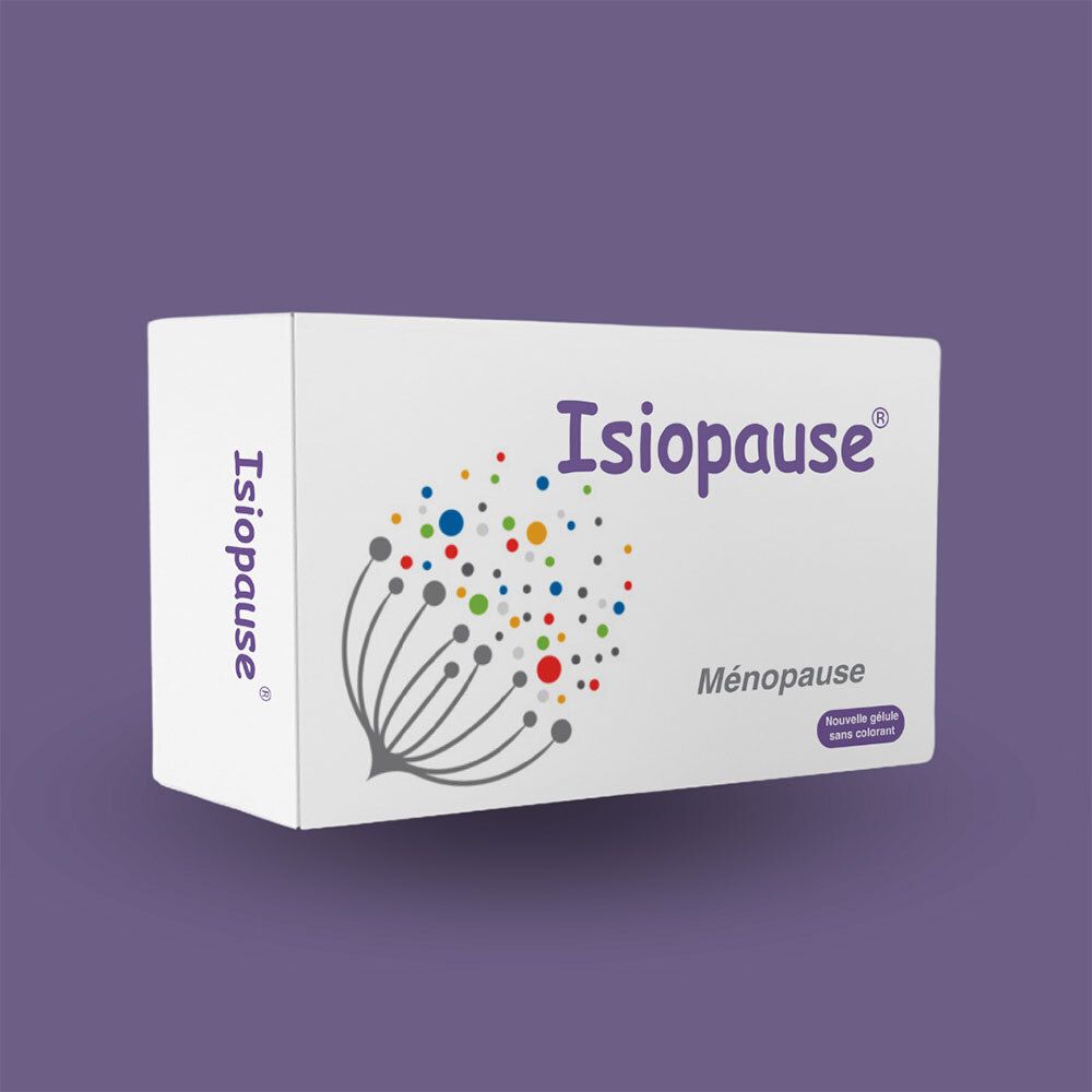 Boîte blanche 'Isiopause' et 'Ménopause' sur fond violet. Design floral coloré. Texte français. Forme rectangulaire.