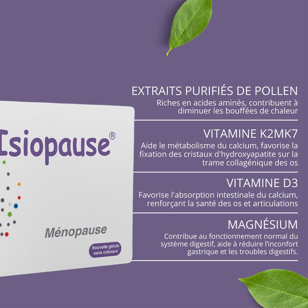 Extrait d'informations sur 'Isiopause'. Ingrédients et bénéfices. Fond violet. Texte en français.