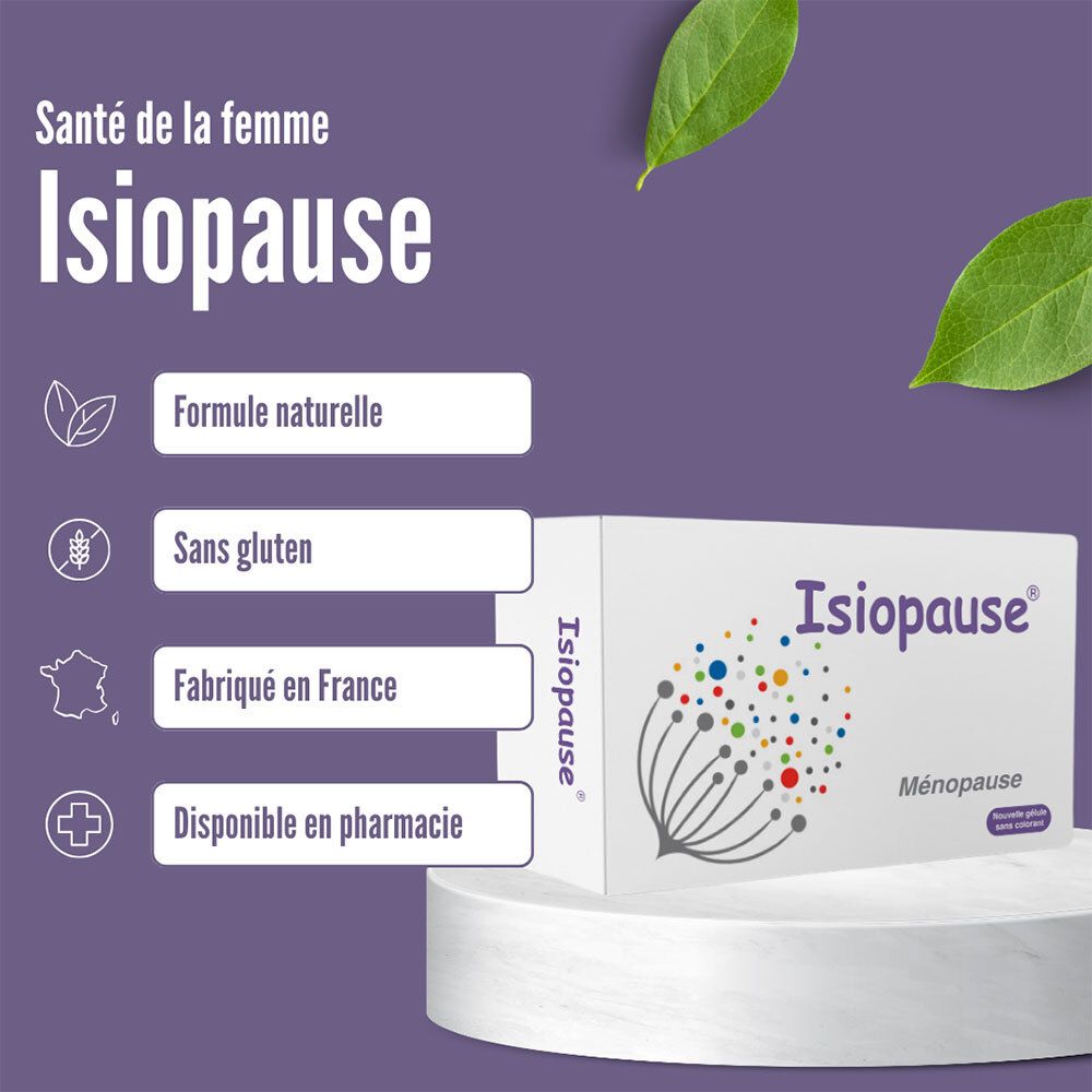 Boîte 'Isiopause' sur socle. Informations supplémentaires. Texte français. Fond avec feuilles.
