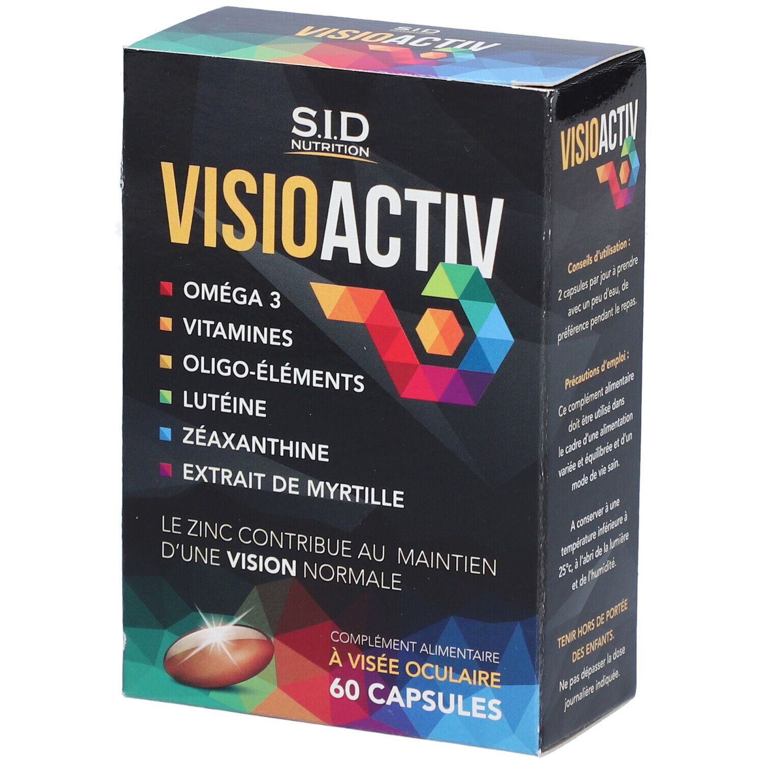 Boîte VISIOACTIV SIDN CAPSULE 60. Contient Oméga 3, vitamines, oligo-éléments, lutéine, zéaxanthine, extrait de myrtille. 60 gélules.