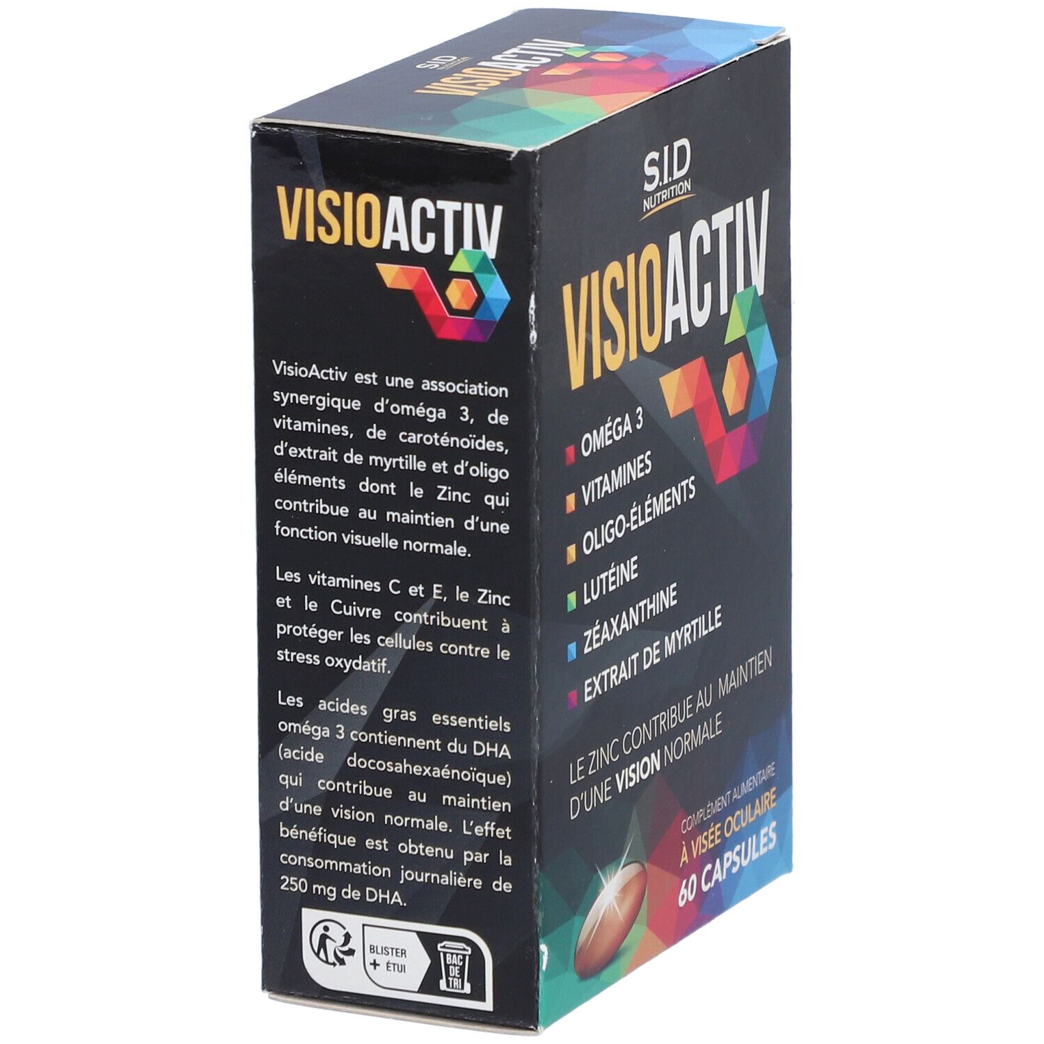 Boîte VISIOACTIV SIDN CAPSULE 60, vue latérale. Contient Oméga 3, vitamines, oligo-éléments, lutéine, zéaxanthine, extrait de myrtille. 60 gélules.