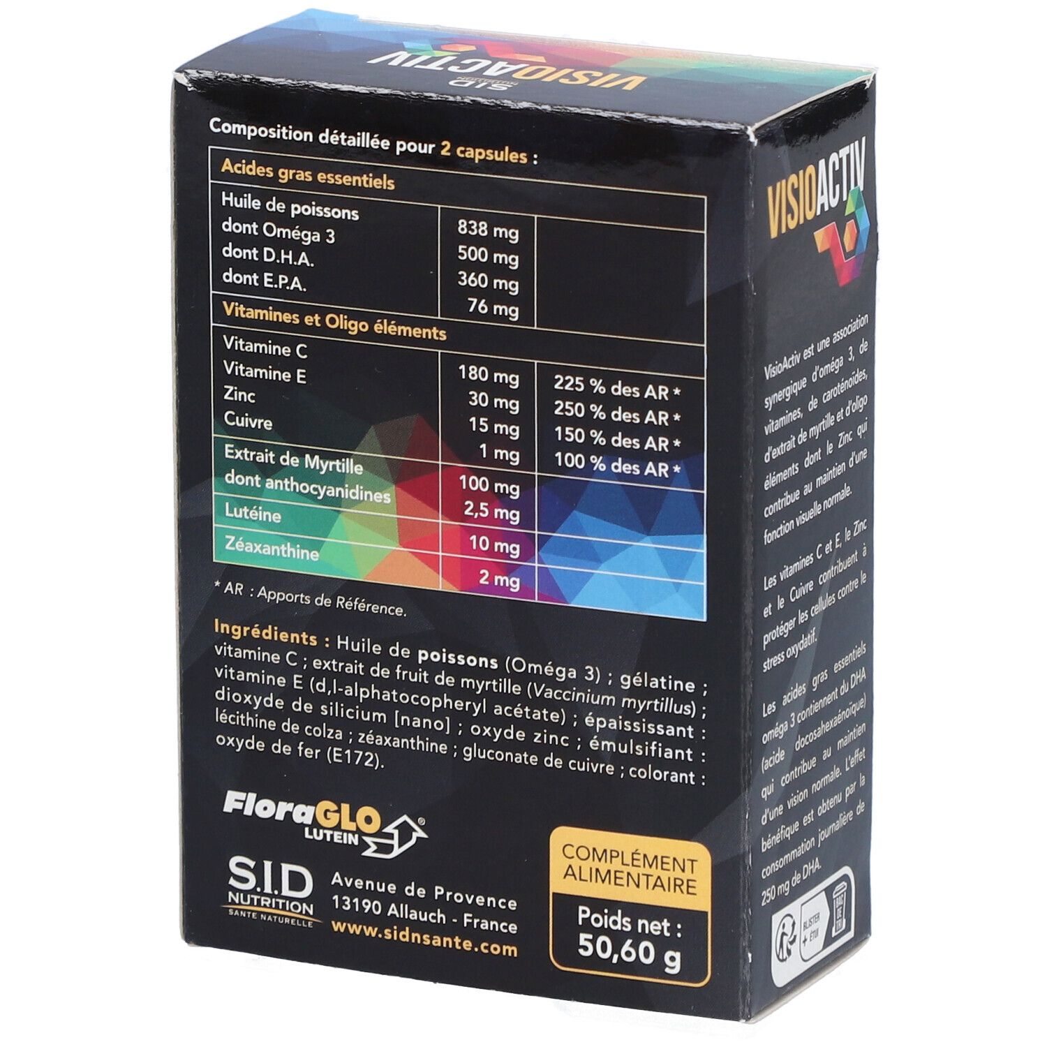 Boîte VISIOACTIV SIDN CAPSULE 60, dos. Ingrédients: huile de poisson, vitamines, zinc, cuivre, extrait de myrtille, lutéine, zéaxanthine. 50,60 g.