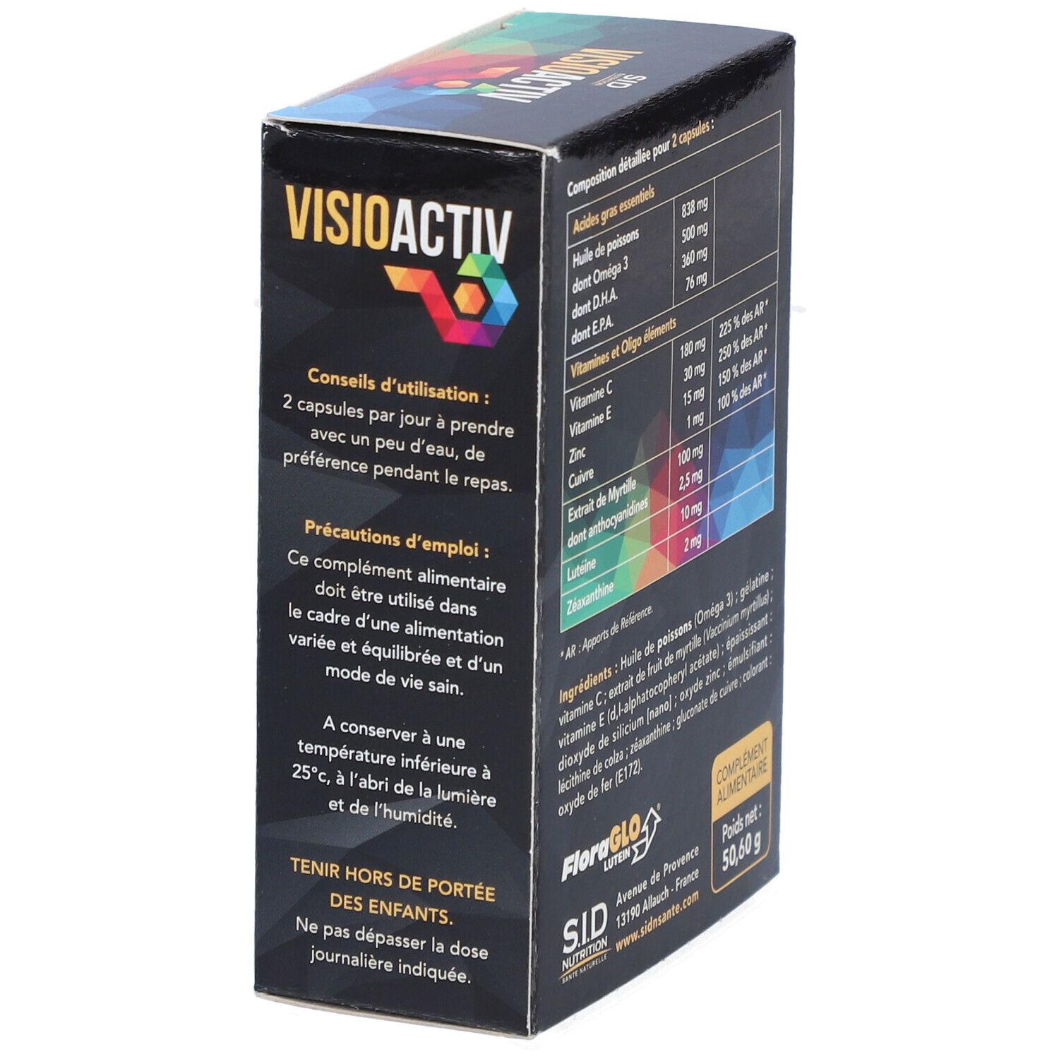 Boîte VISIOACTIV SIDN CAPSULE 60, côté. Conseils d'utilisation: 2 gélules par jour. Précautions d'emploi. Conserver < 25°C. 50,60 g.