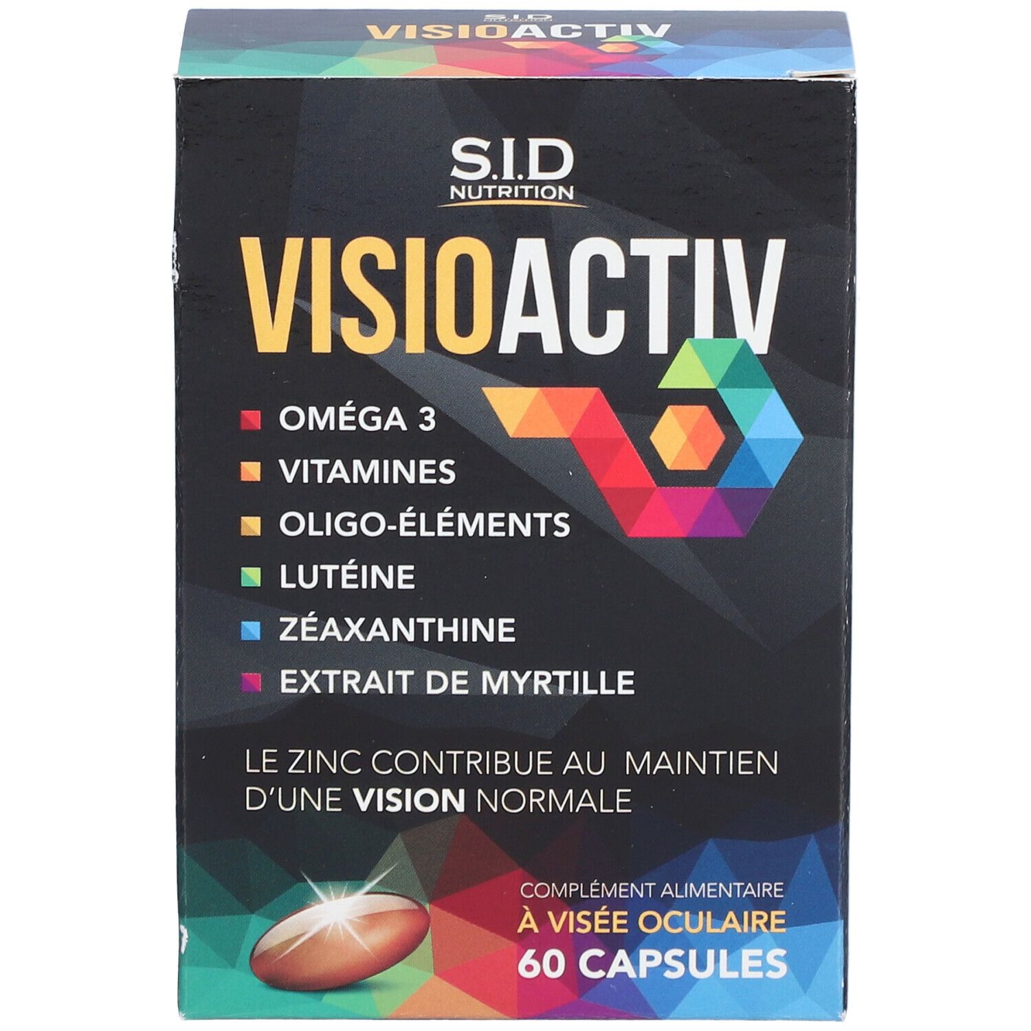 Boîte VISIOACTIV SIDN CAPSULE 60. Contient Oméga 3, vitamines, oligo-éléments, lutéine, zéaxanthine, extrait de myrtille. 60 gélules.