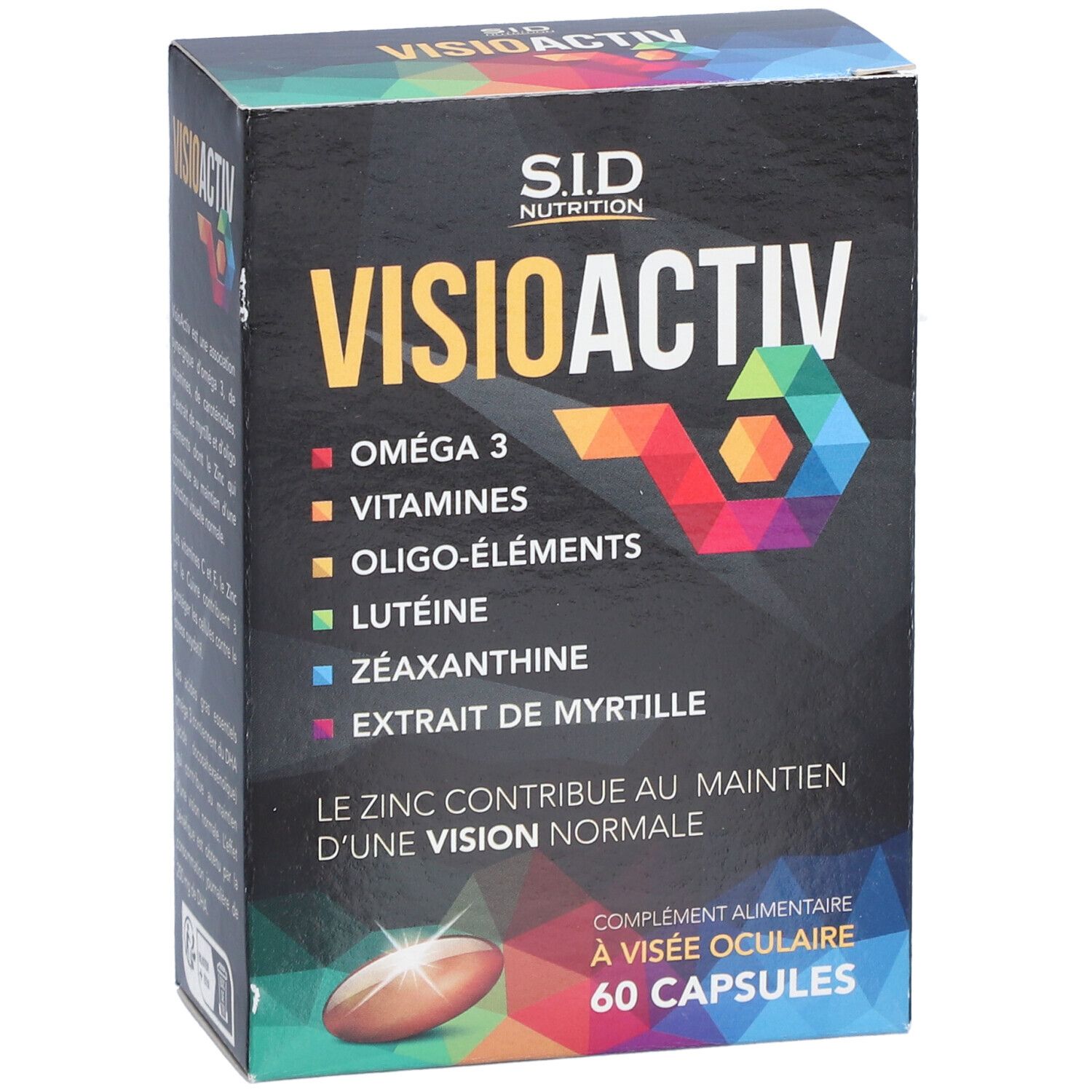 Boîte VISIOACTIV SIDN CAPSULE 60. Contient Oméga 3, vitamines, oligo-éléments, lutéine, zéaxanthine, extrait de myrtille. 60 gélules.
