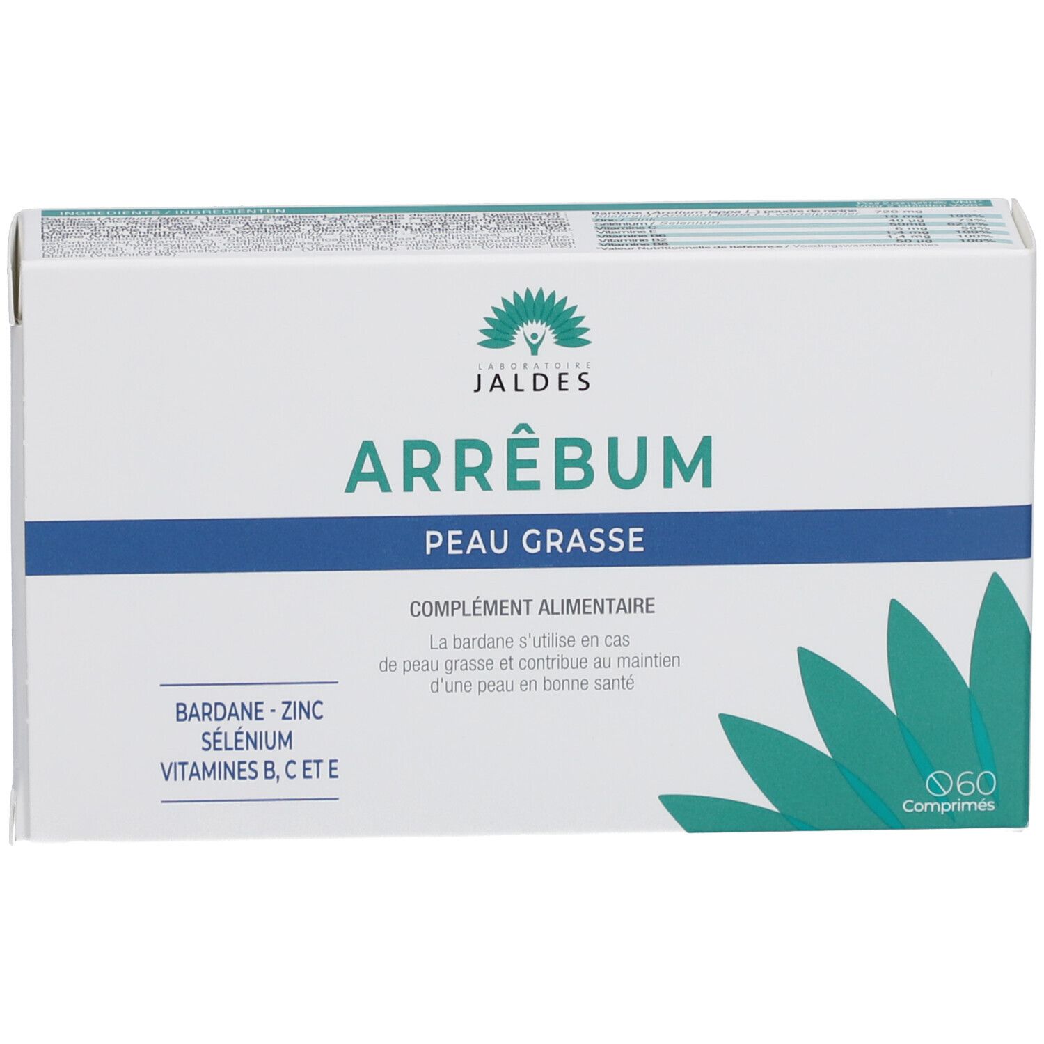 Boîte Arrêbum pour peau grasse. Contient 60 comprimés. Inscription : Peau Grasse, Bardane-Zinc-Sélénium-Vitamine B, C, E. Emballage vert et blanc.