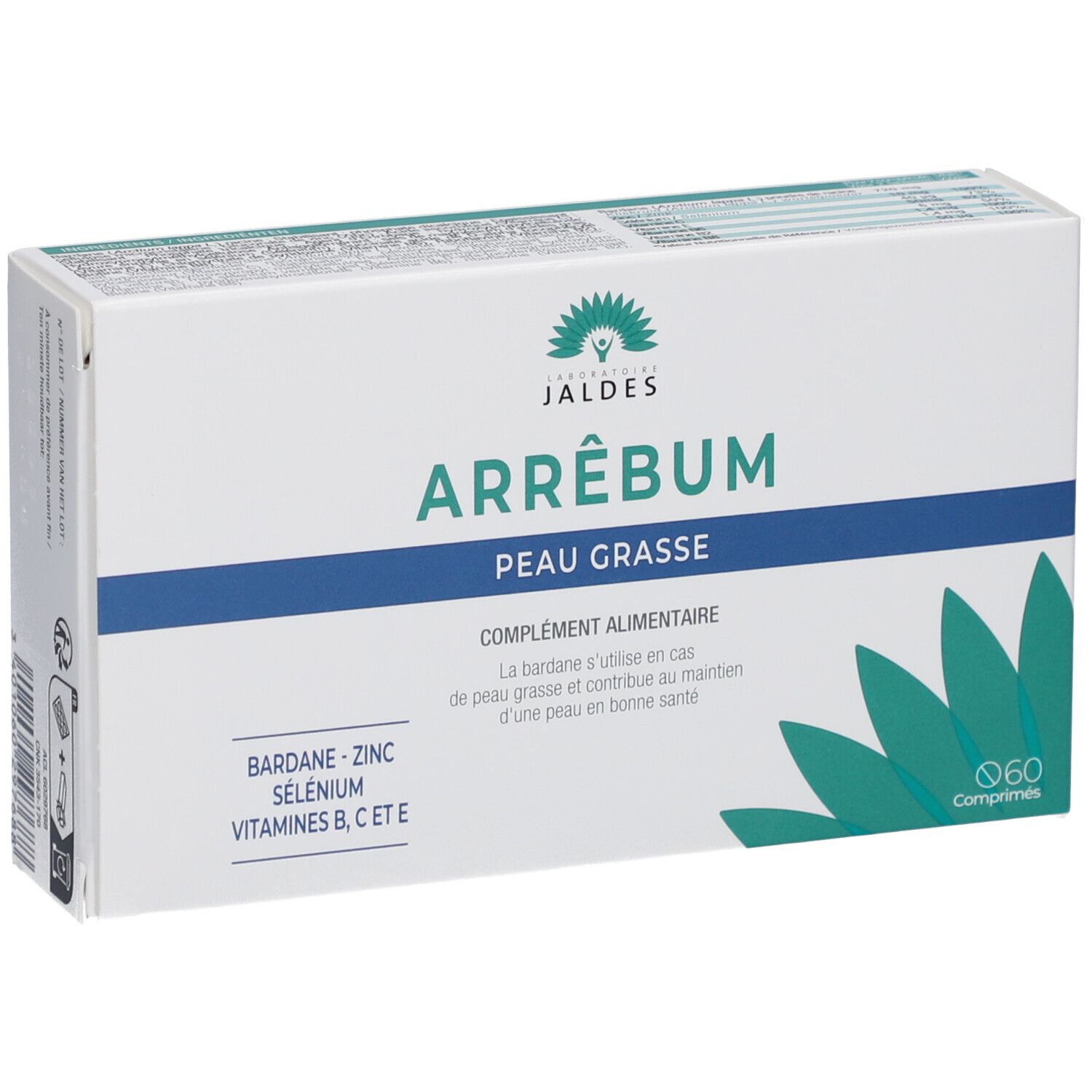 Boîte Arrêbum pour peau grasse. Contient 60 comprimés. Inscription : Peau Grasse, Bardane-Zinc-Sélénium-Vitamine B, C, E. Emballage vert et blanc.
