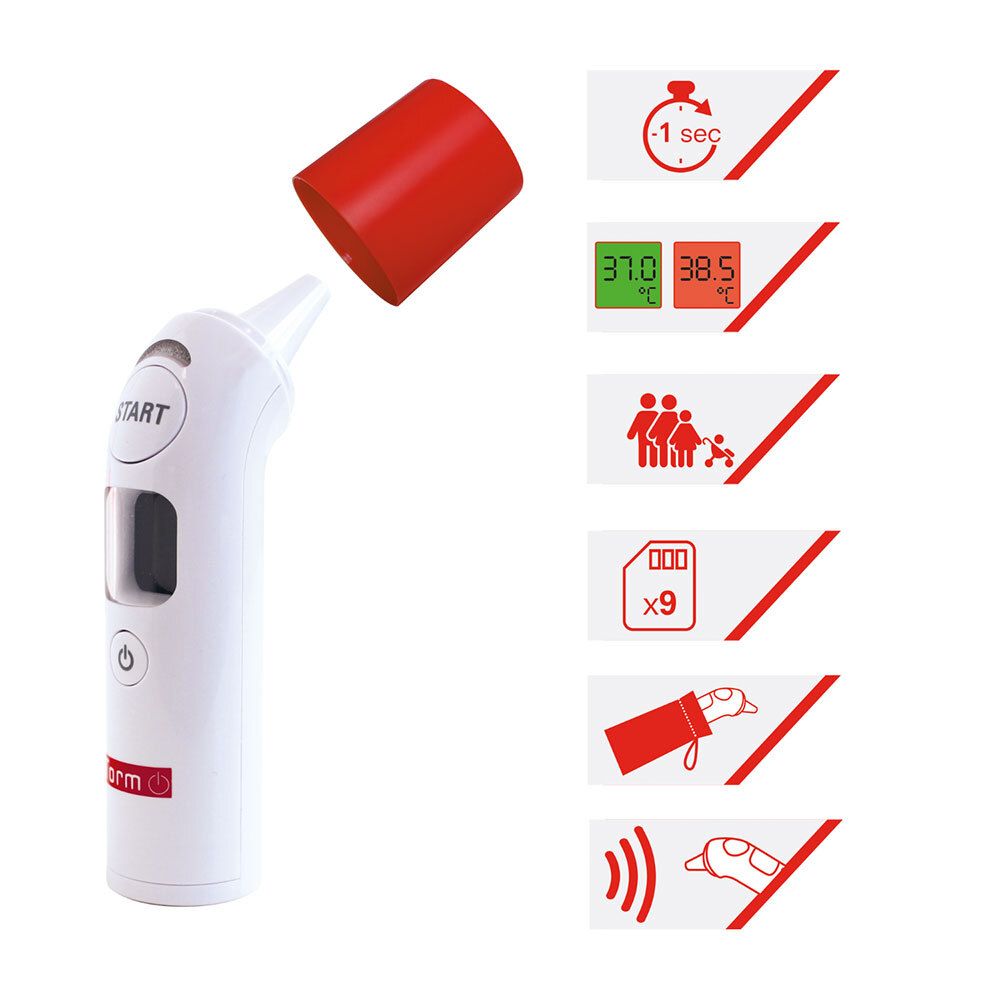 Thermomètre auriculaire blanc avec embout rouge et capuchon rouge. Affichage de la température et symboles d'âge.
