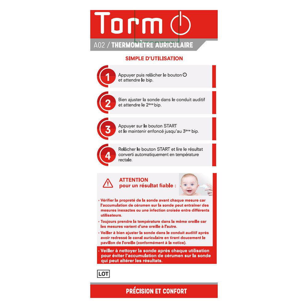Dos de l'emballage avec instructions d'utilisation du thermomètre auriculaire Torm A02. Texte en français.