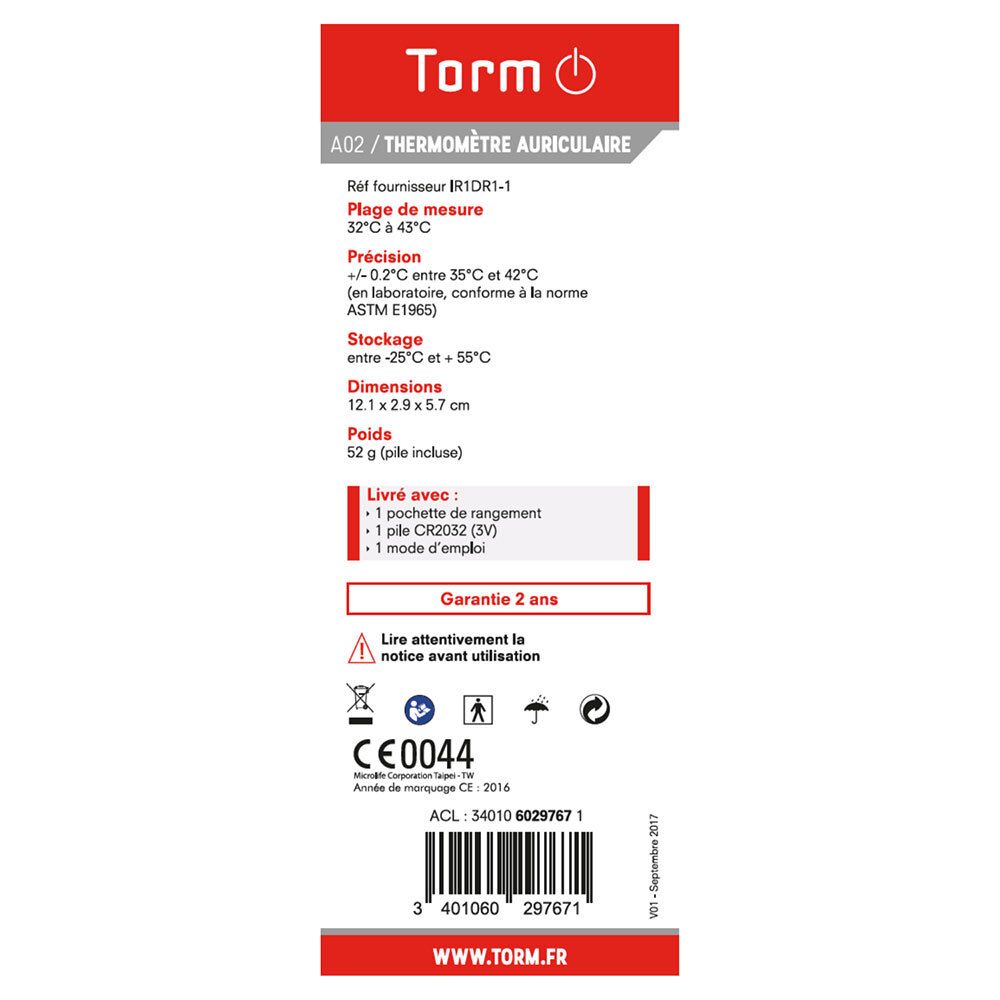 Dos de l'emballage avec spécifications techniques du thermomètre auriculaire Torm A02. Texte en français.