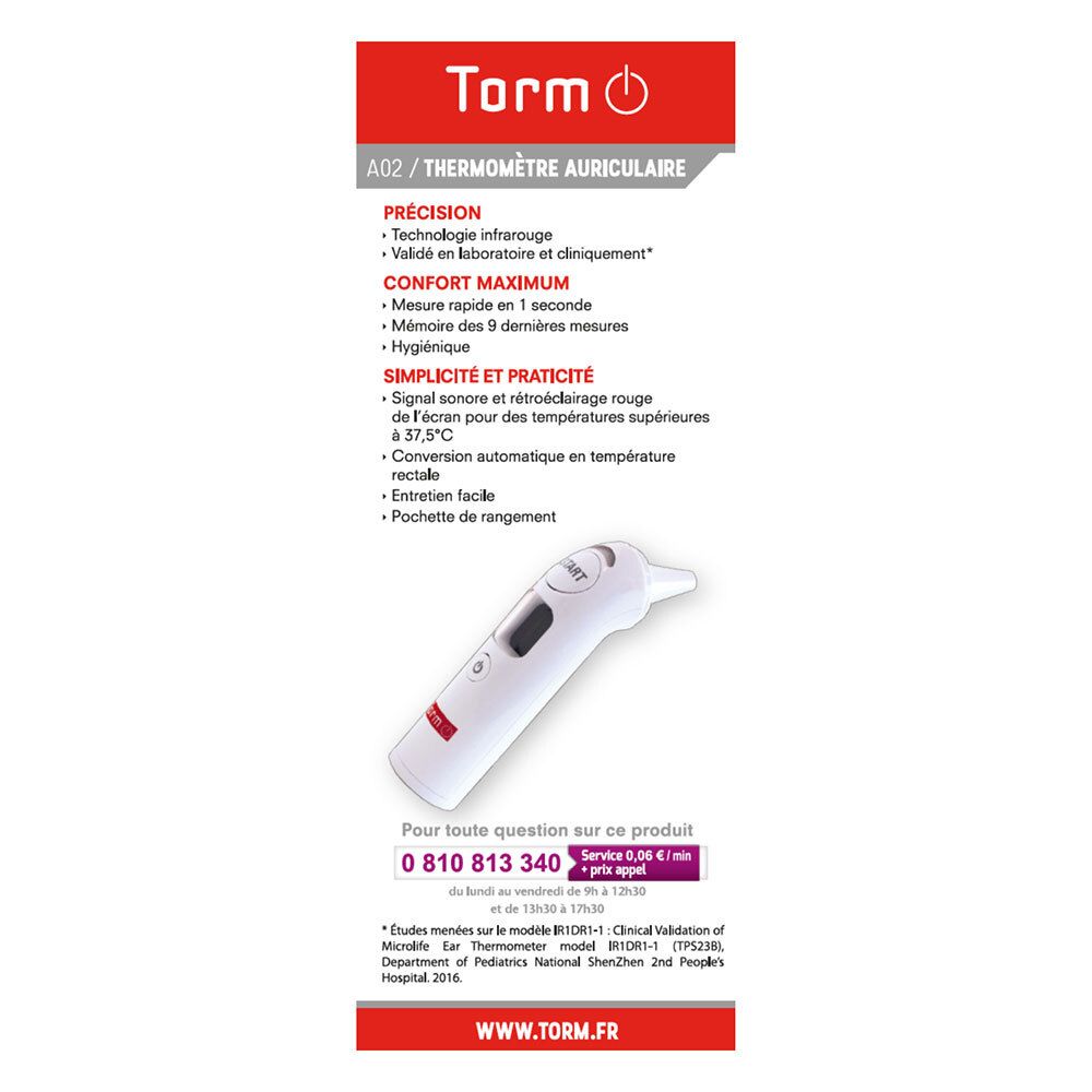 Dos de l'emballage avec caractéristiques du thermomètre auriculaire Torm A02. Texte en français.