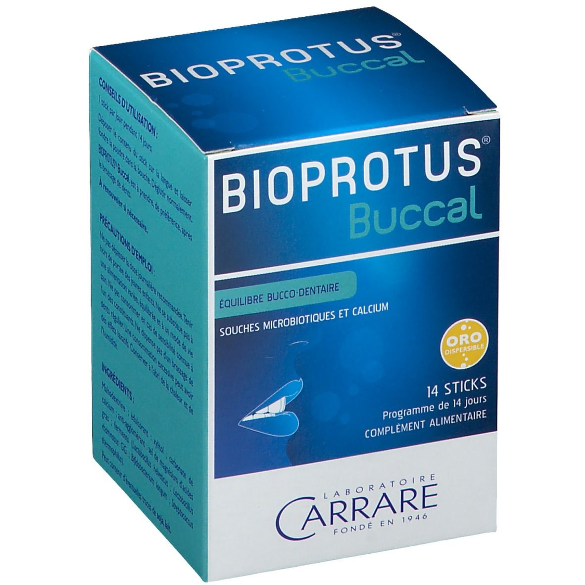 Boîte BIOPROTUS Buccal. Emballage bleu avec nom du produit, logo et texte. Contient 14 sticks.