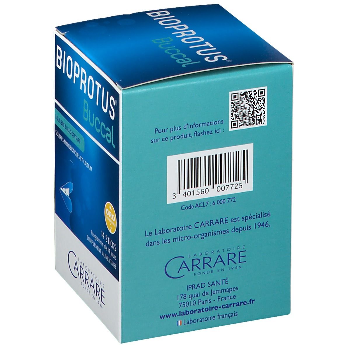 Dos de la boîte BIOPROTUS Buccal. Code-barres, QR code et texte. Logo CARRARRE.