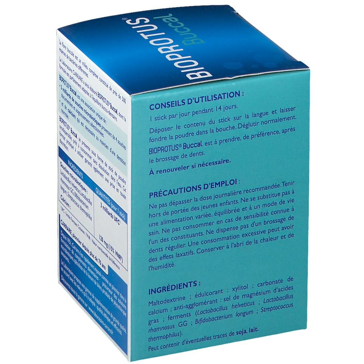 Côté de la boîte BIOPROTUS Buccal. Texte avec conseils d'utilisation et précautions d'emploi.