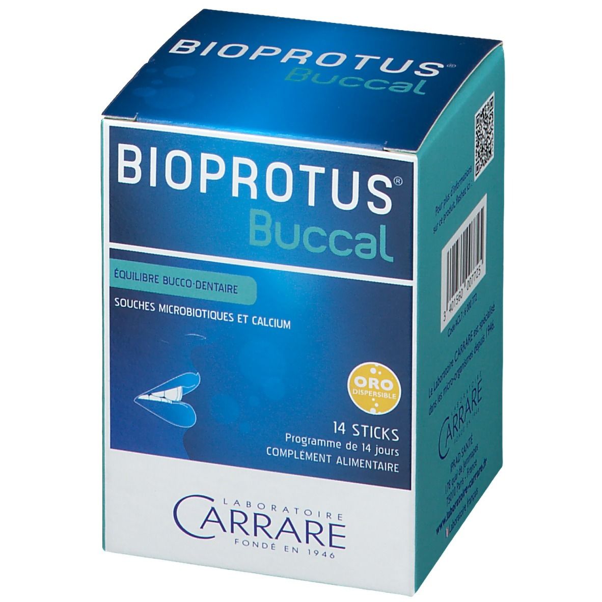 Boîte BIOPROTUS Buccal. Emballage bleu avec nom du produit, logo et texte. Contient 14 sticks.